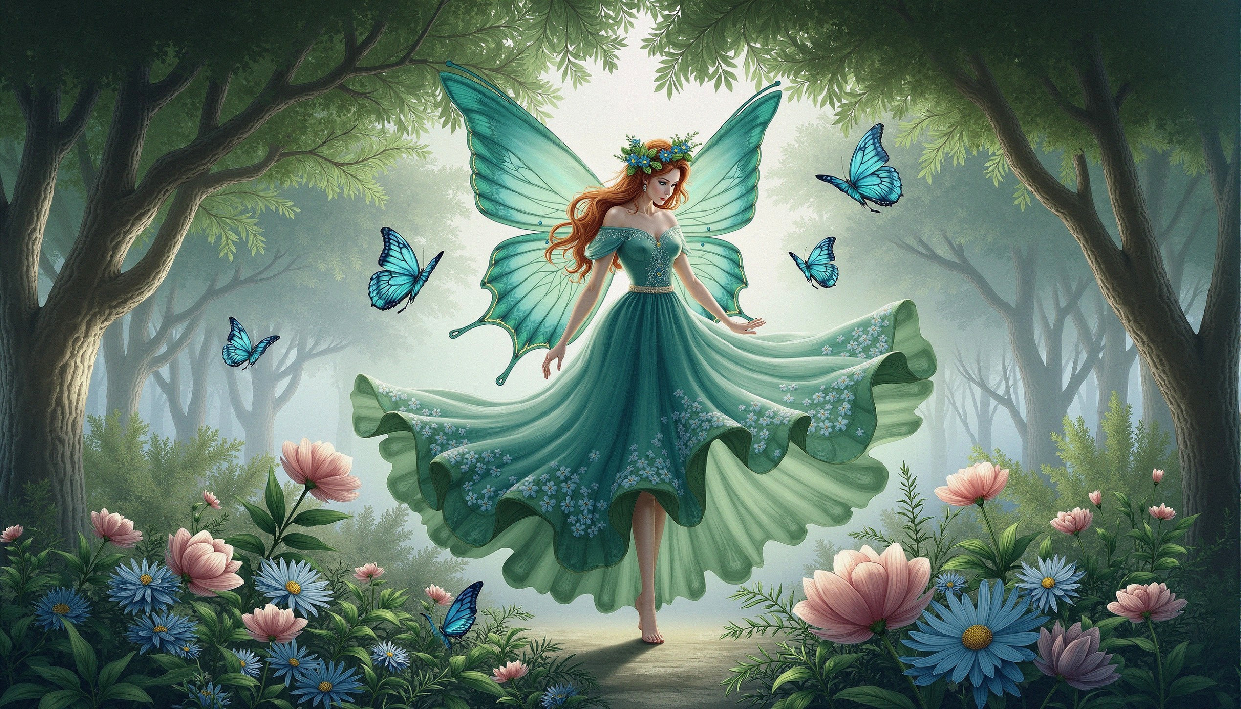 Whimsical Fairy with Green Wings in Lush Forest