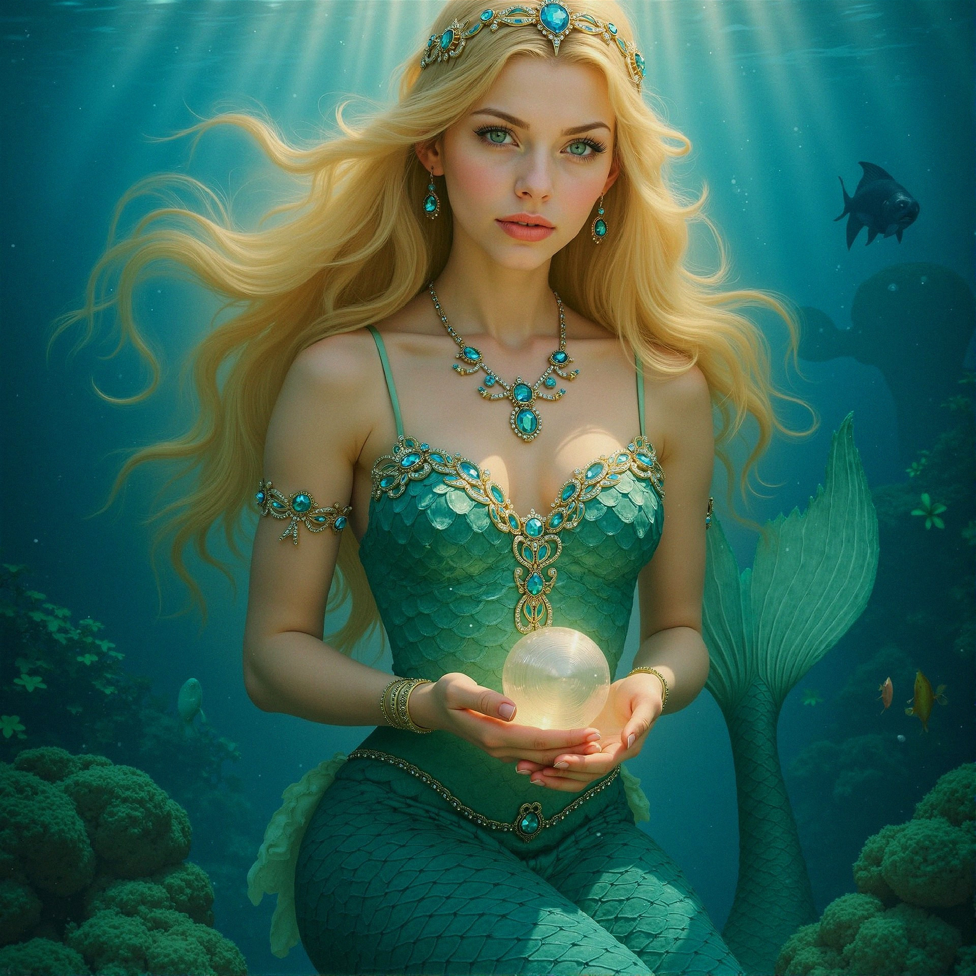 Mermaid with Blonde Hair and Green Tail Underwater