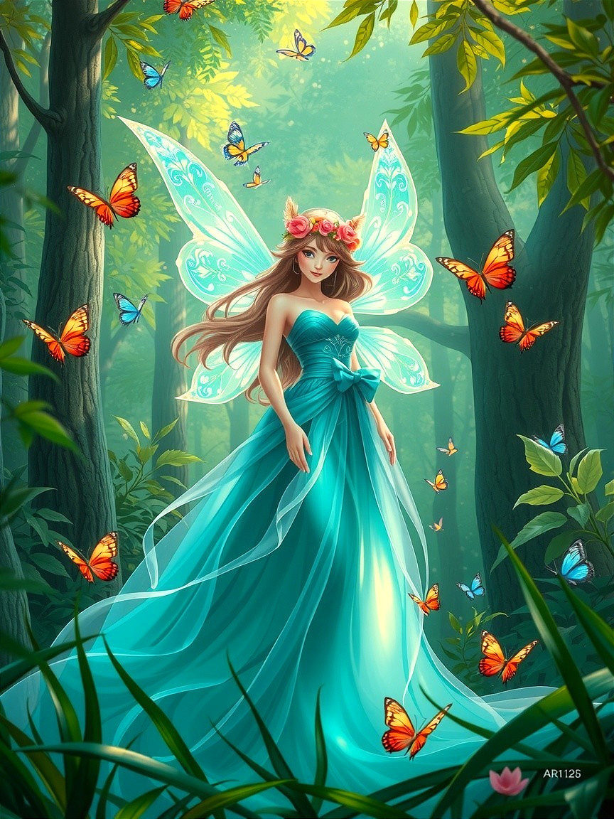 Fairy in Enchanted Forest with Colorful Butterflies
