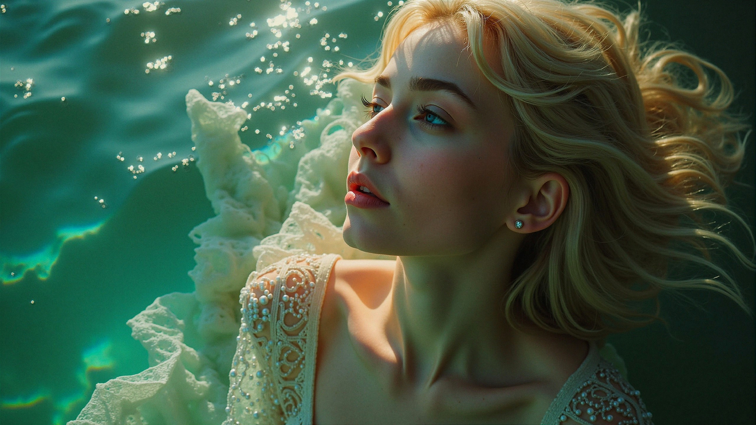 Young woman in flowing garment floating in water