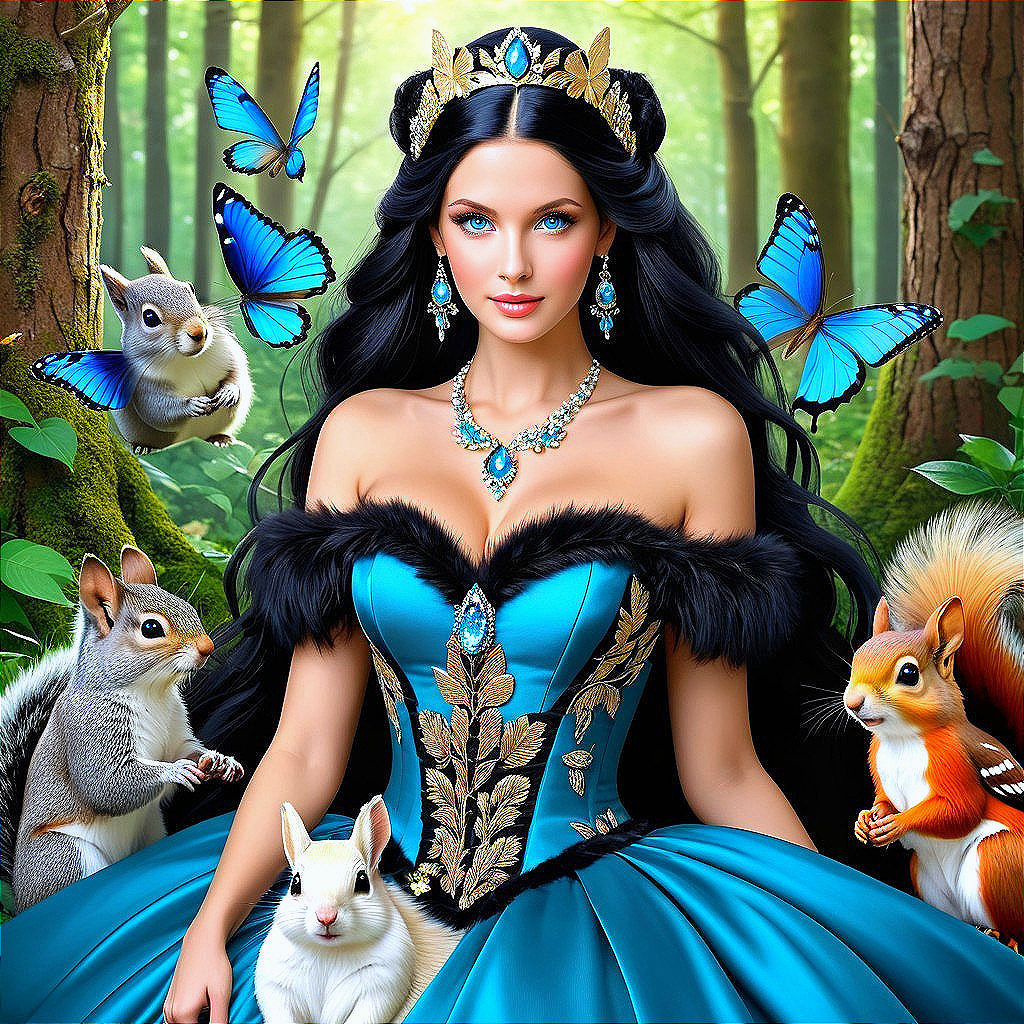 Regal Woman in Blue Gown Surrounded by Forest Creatures