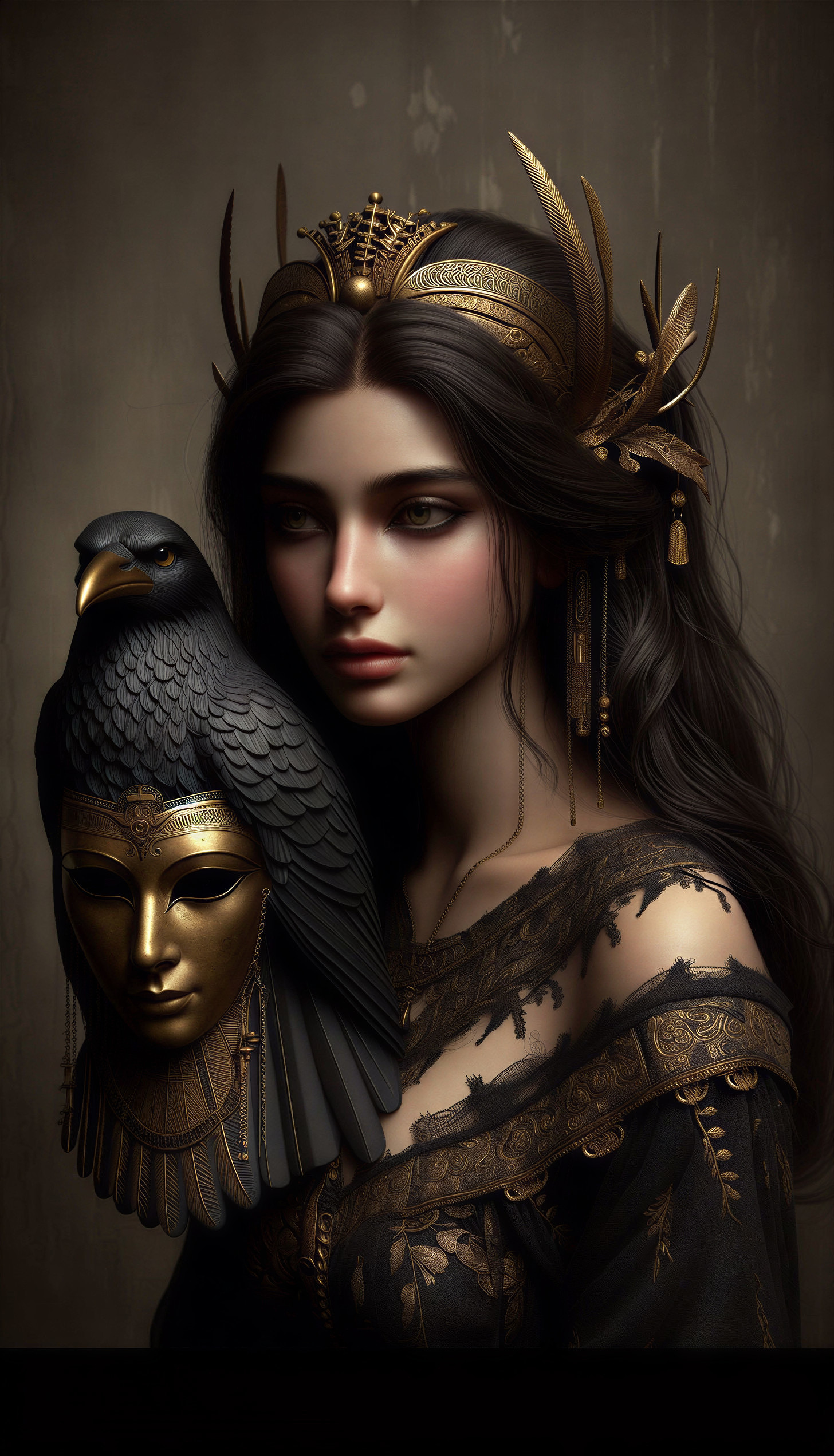 Portrait of a Woman with Gold Accessories and Raven