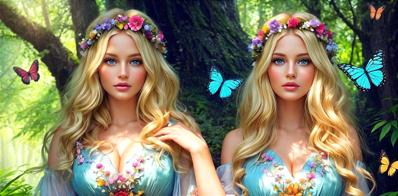 Ethereal Figures in Enchanted Forest with Butterflies