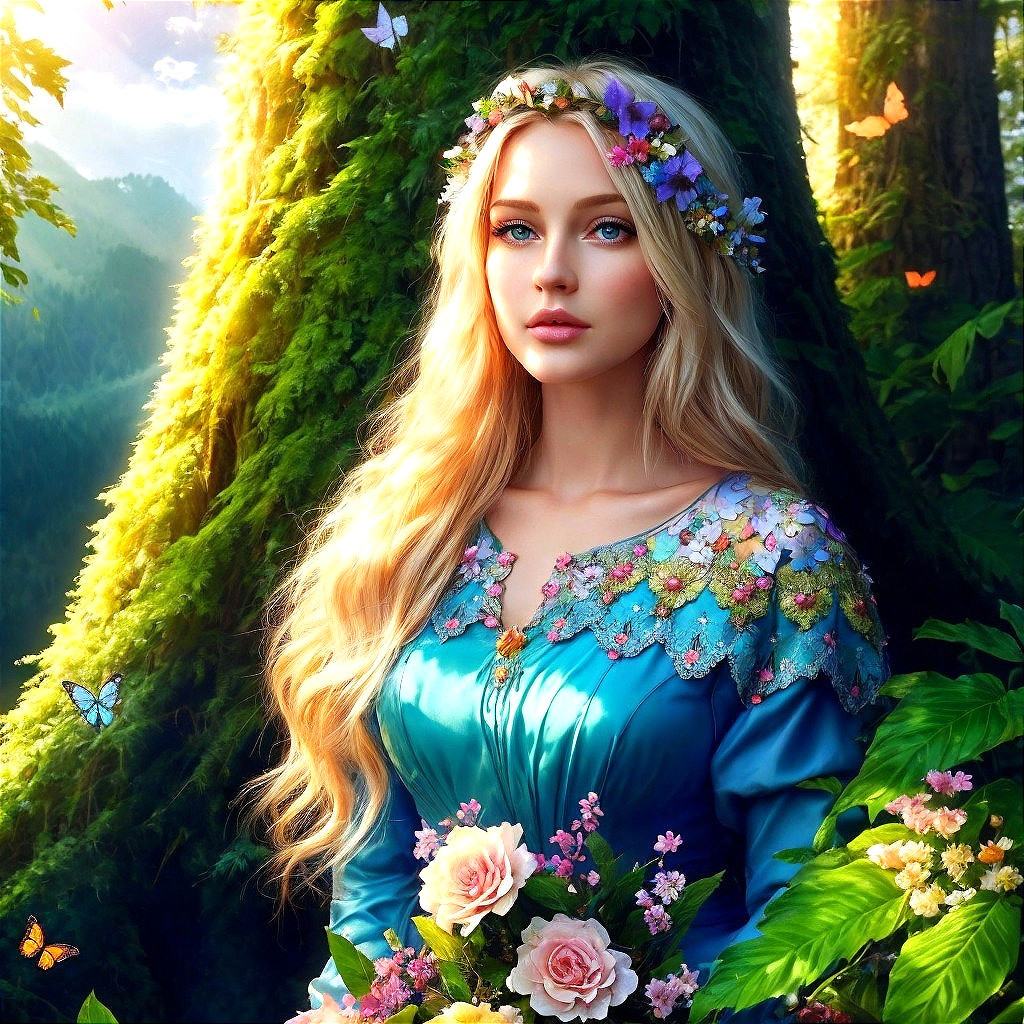 Young Woman in Floral Dress in Vibrant Forest Setting