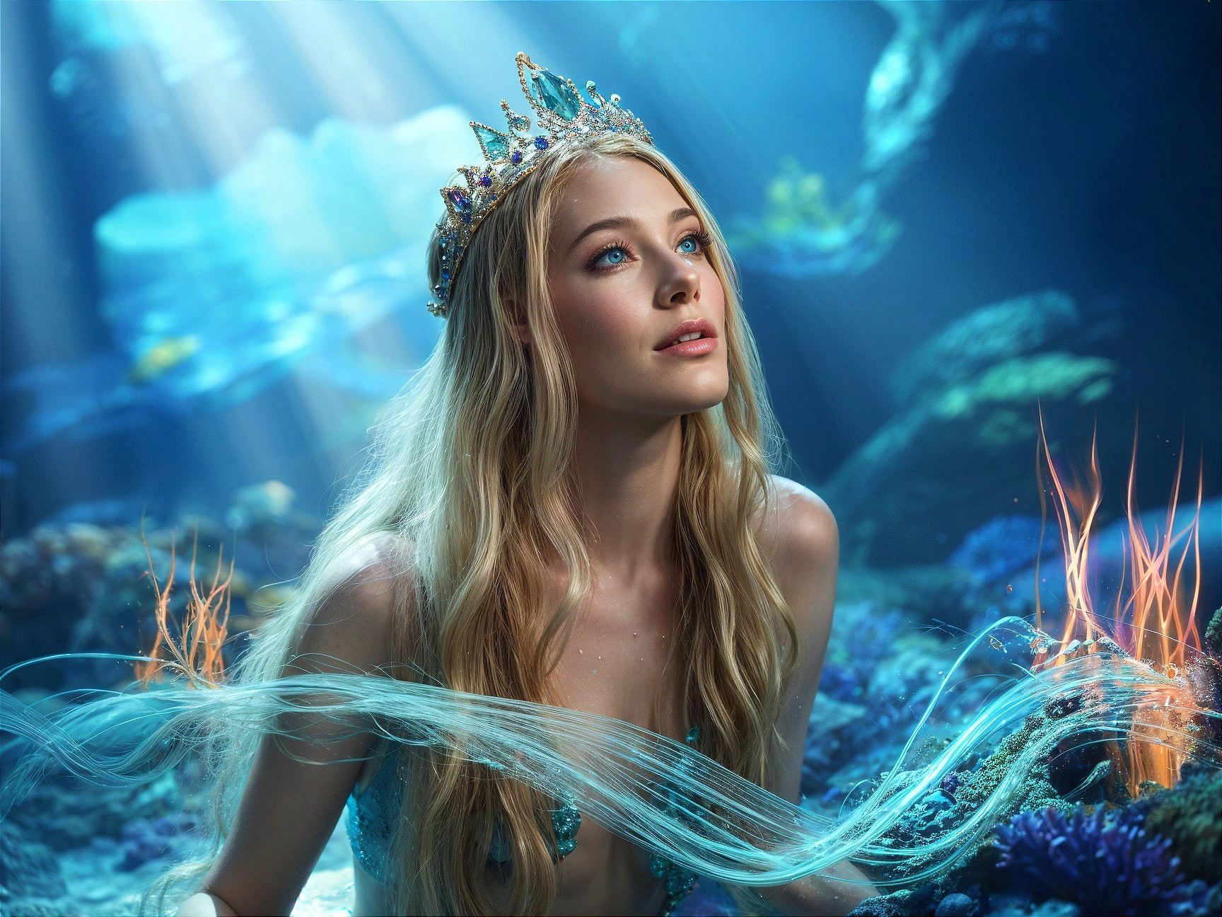 Underwater Scene Featuring a Mermaid with Crown