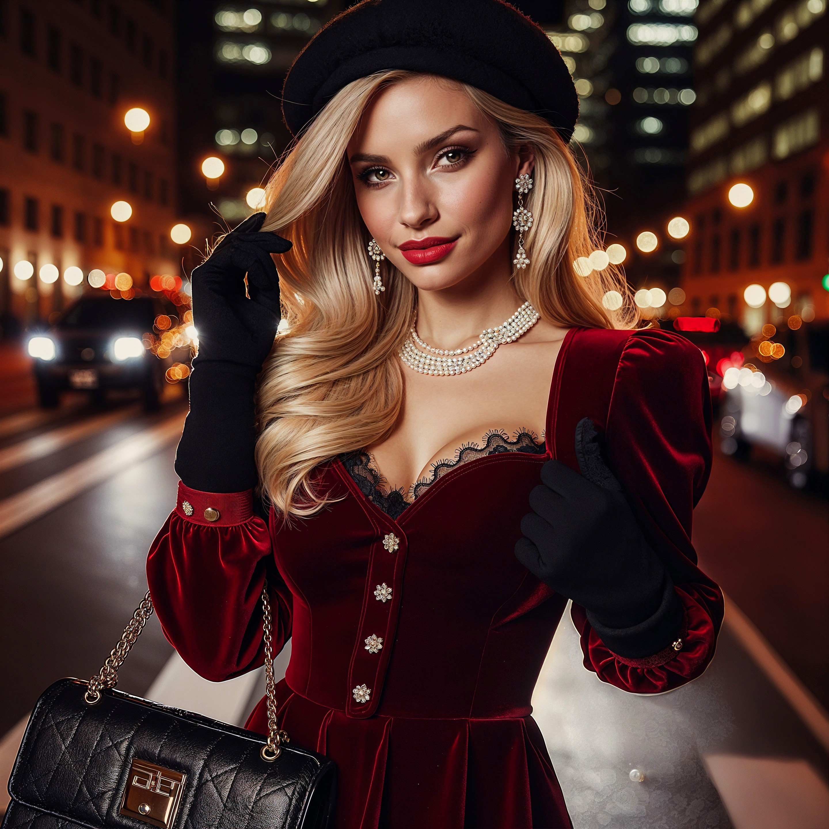 Glamorous Woman in Red Dress on City Street at Night