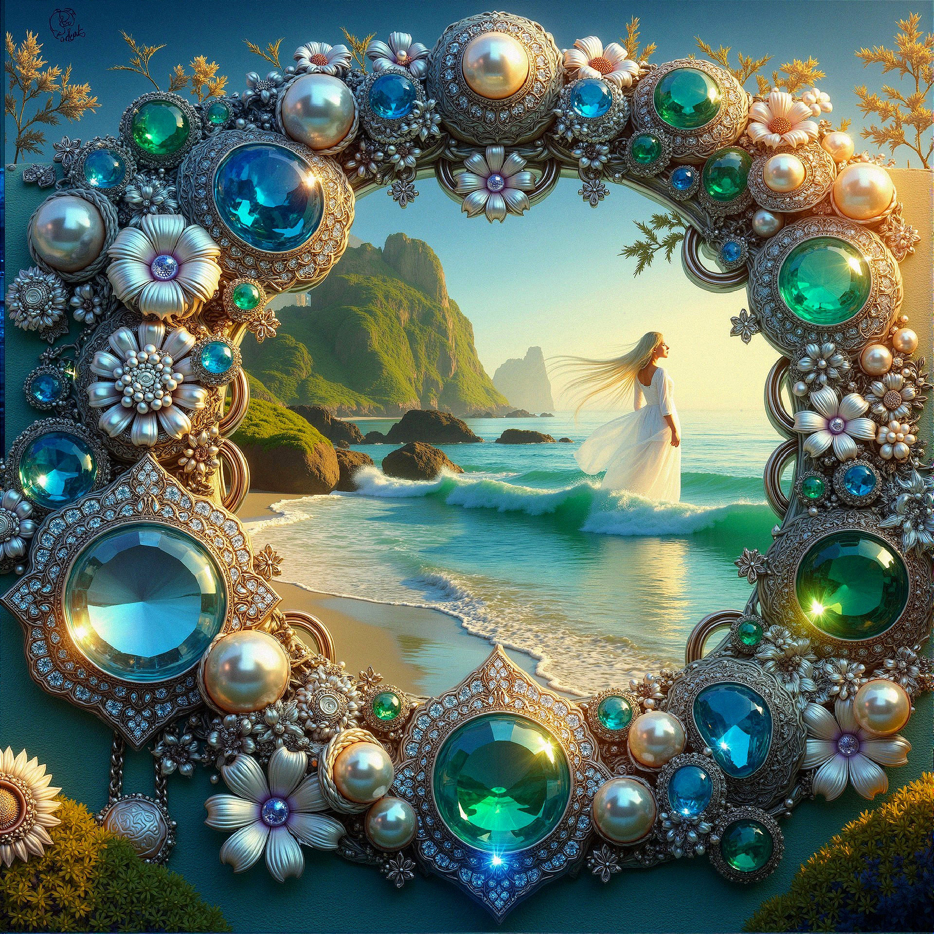 Beach Scene with Ornate Border and Sunset Glow