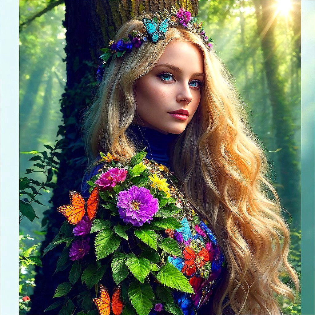 Woman in Floral Crown Surrounded by Vibrant Forest