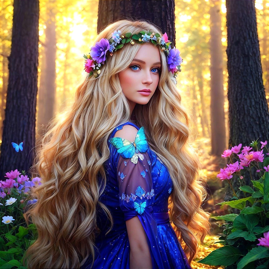 Young woman in blue dress with floral crown in forest