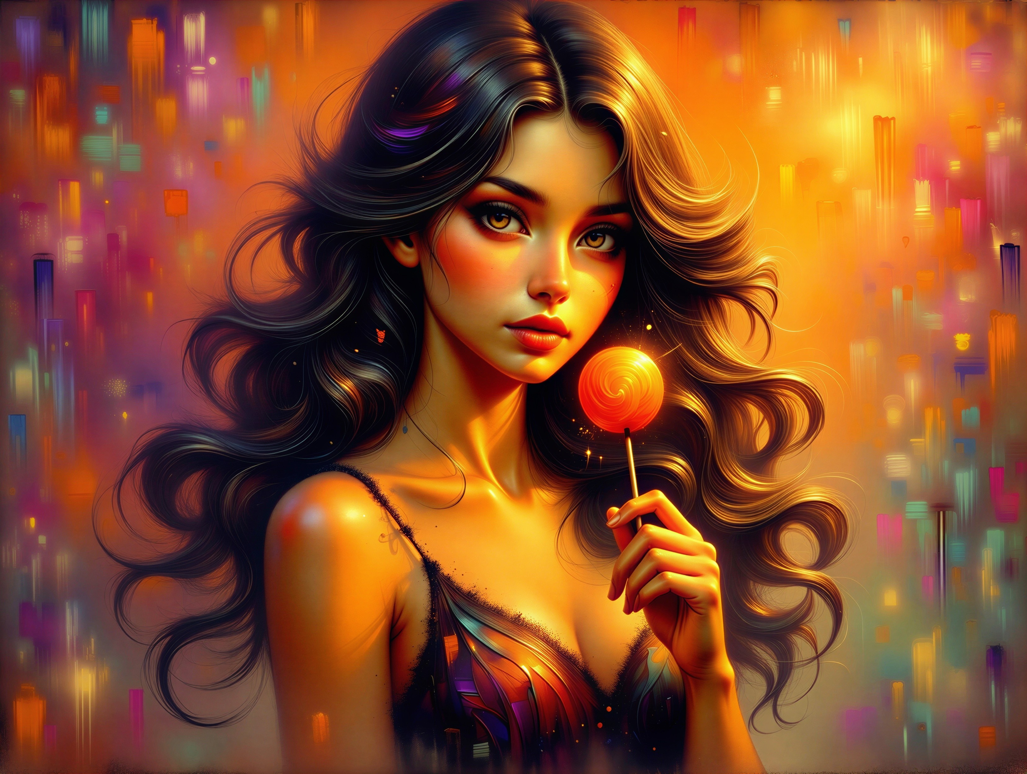 Portrait of a Young Woman with Colorful Lollipop