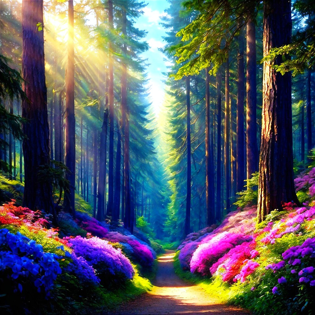 Serene forest path with blooming azaleas and sunlight