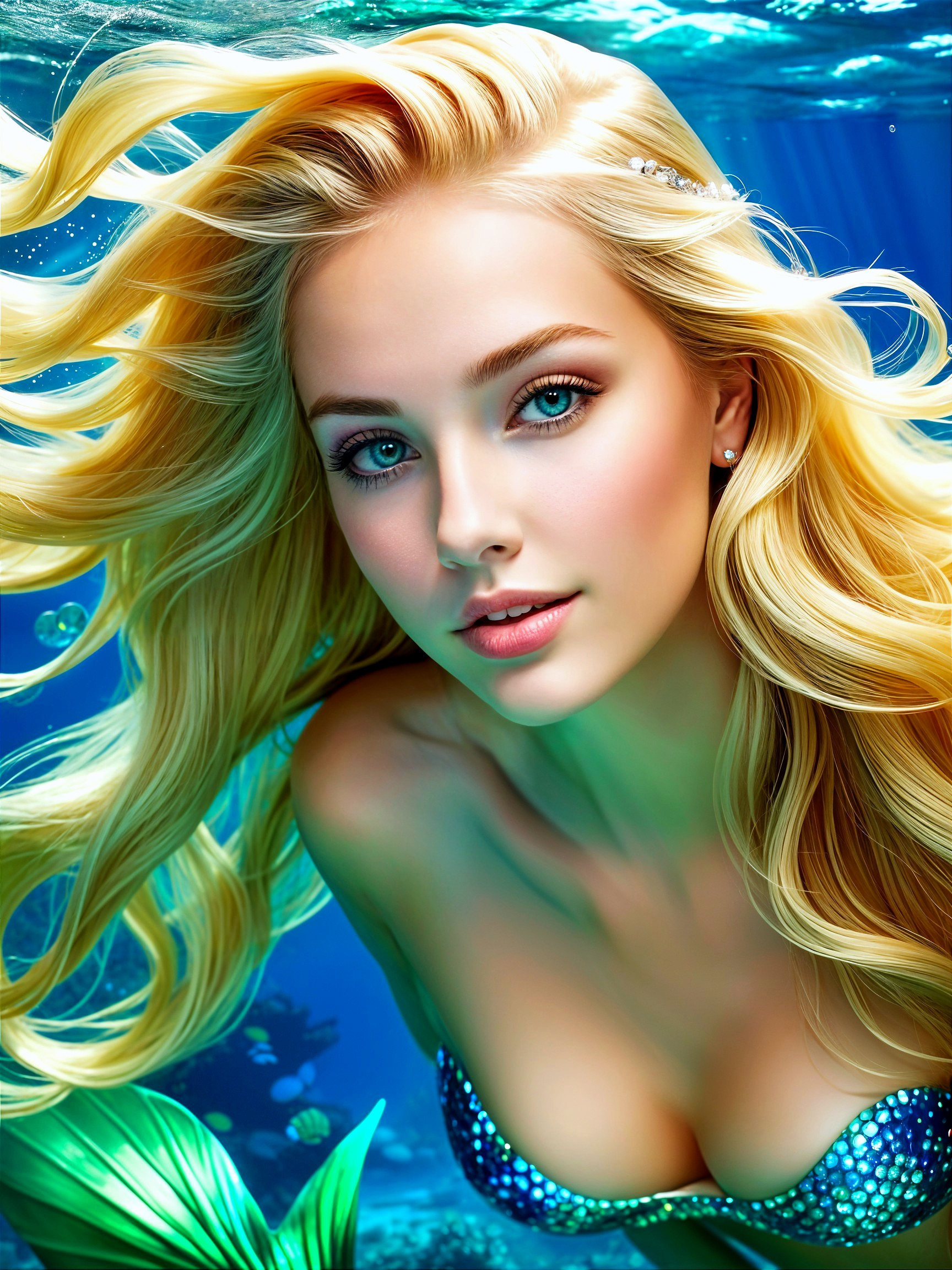 Luminous Mermaid in a Magical Underwater Scene