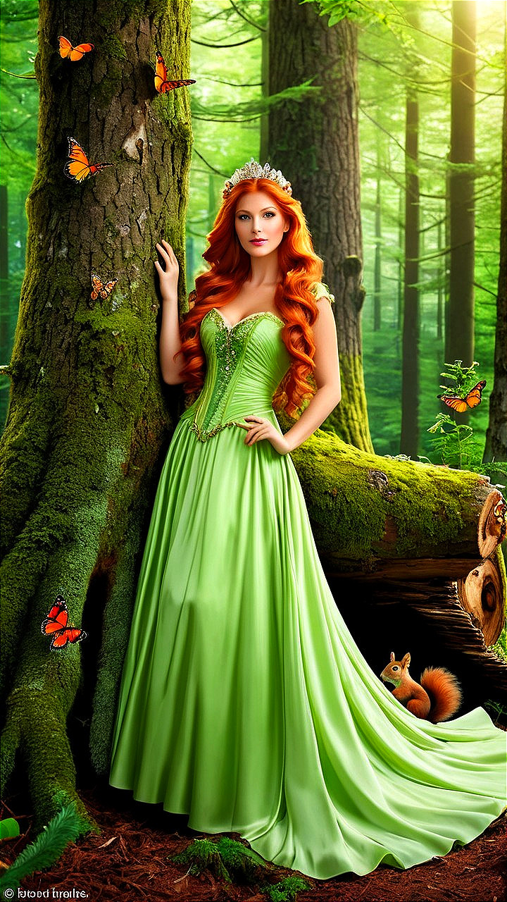 Princess in Enchanted Forest with Butterflies and Squirrel