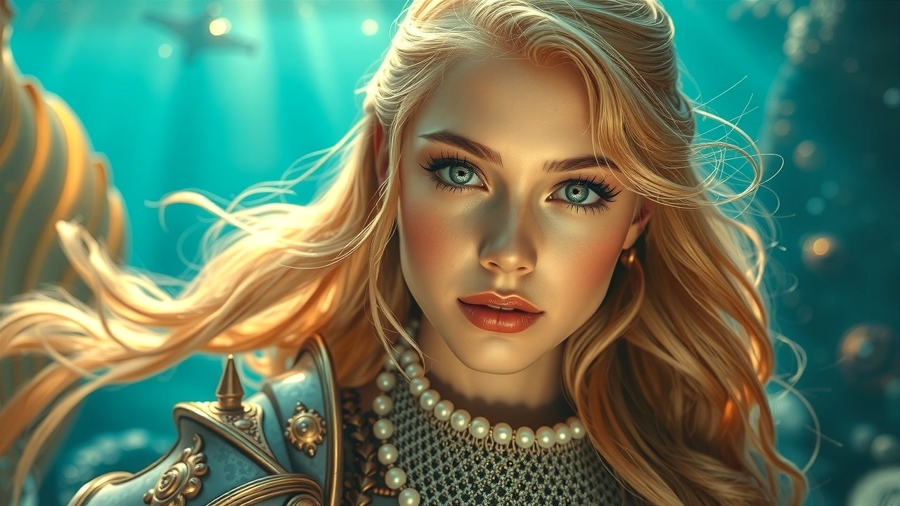 Underwater Scene with Young Woman in Ornate Armor