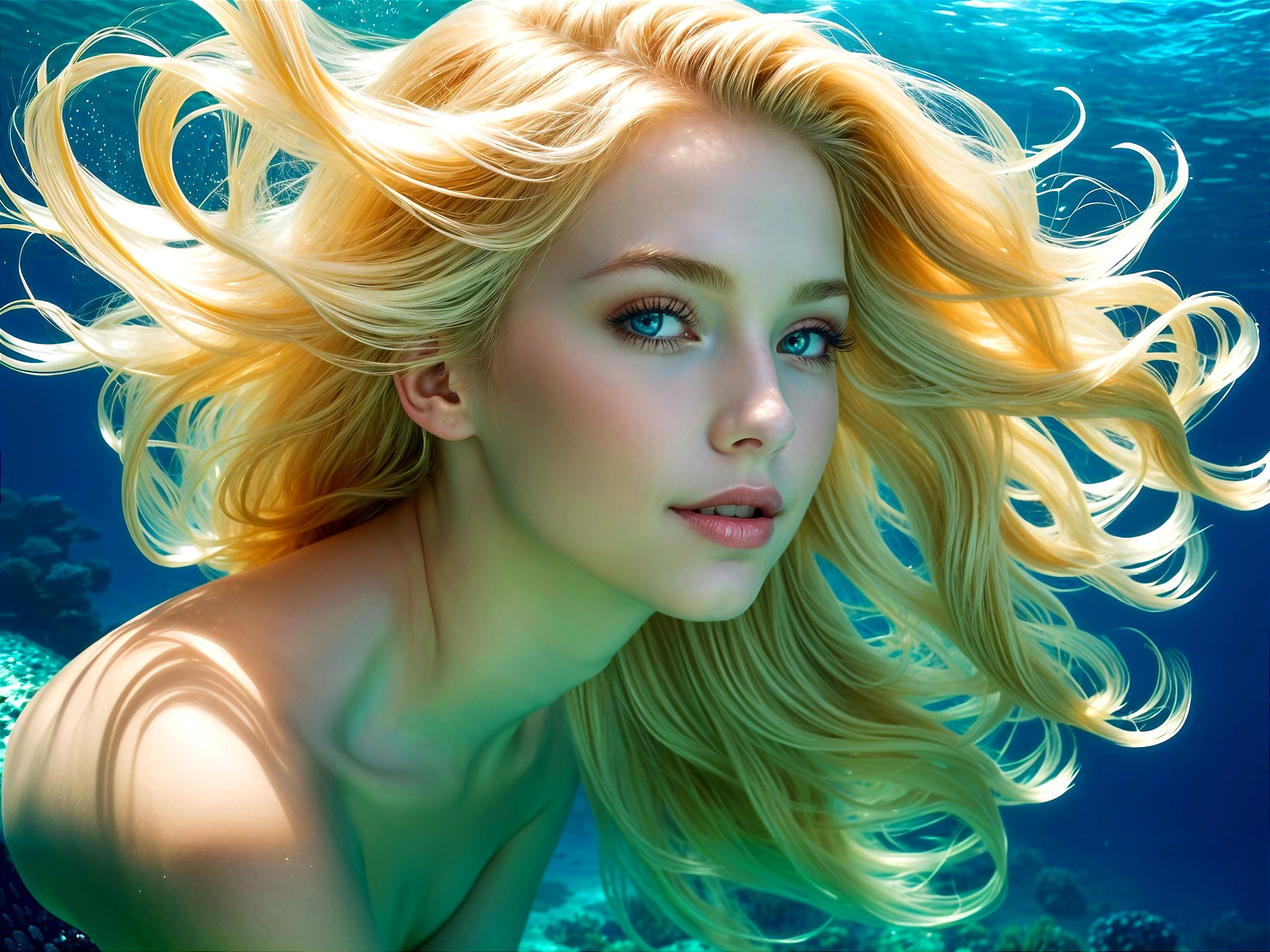 Underwater Scene with Young Woman and Coral Life