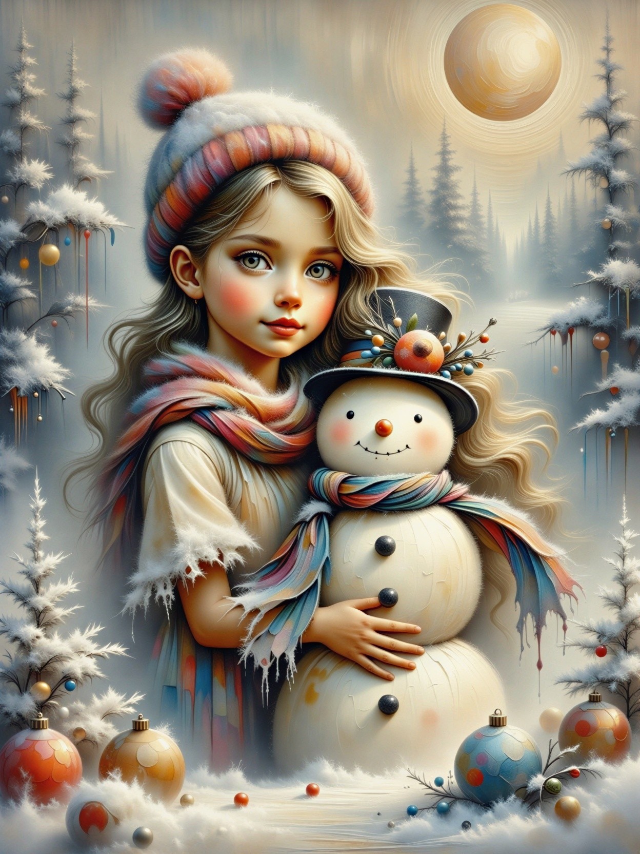 Young girl with snowman in a winter landscape