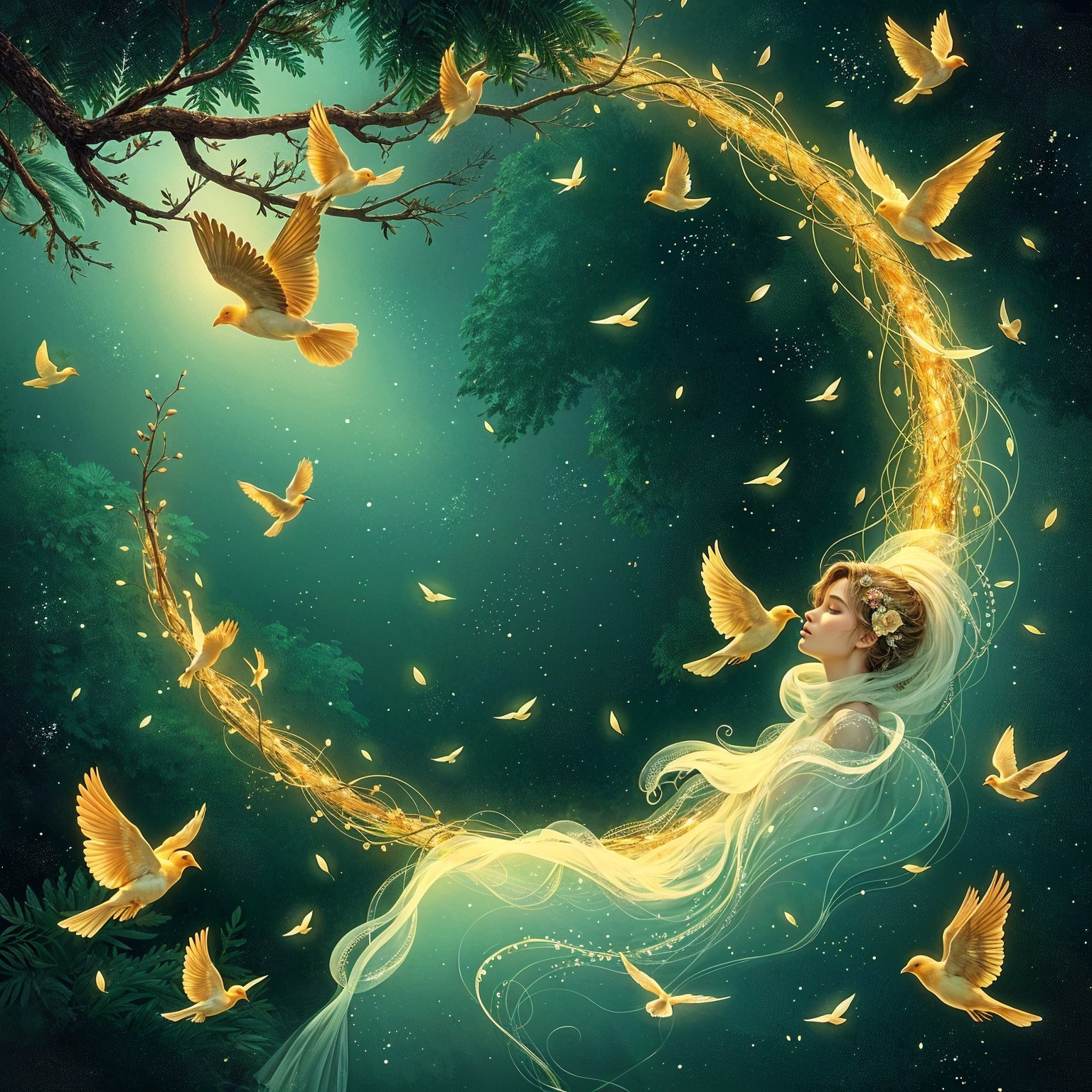 Ethereal Woman in Enchanted Forest with Golden Light