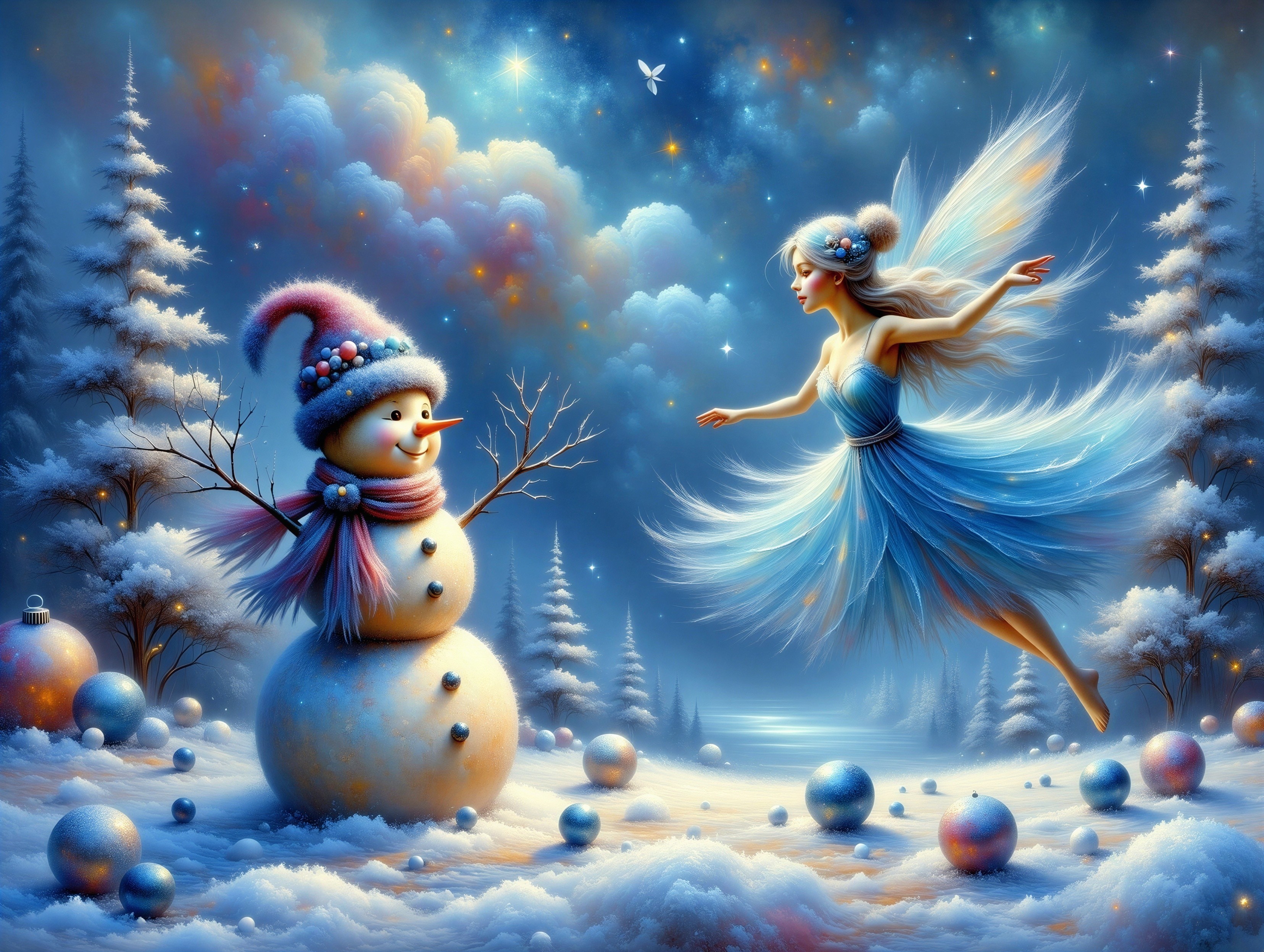 Whimsical Winter Wonderland with Fairy and Snowman