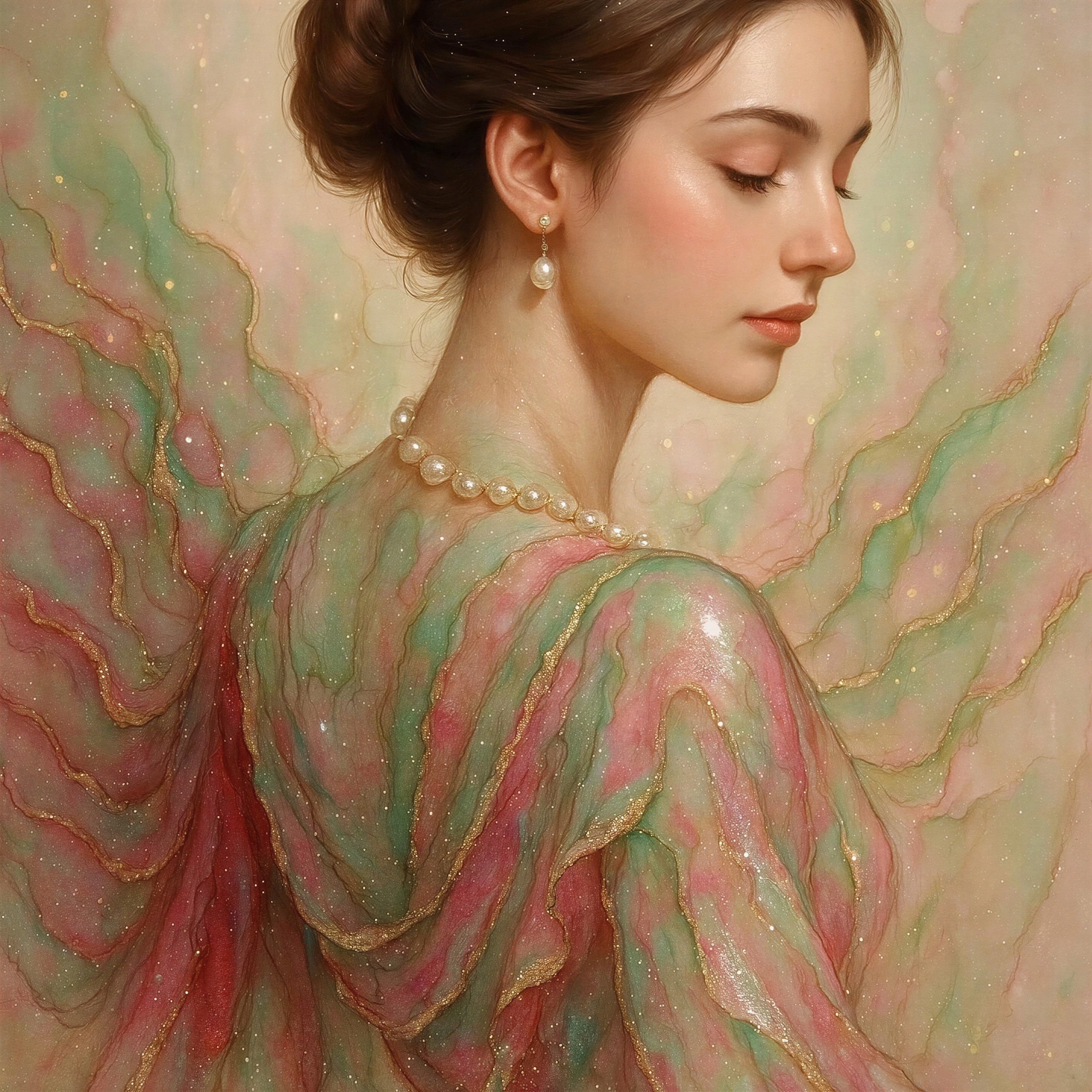 Young woman with pastel wings and pearl necklace