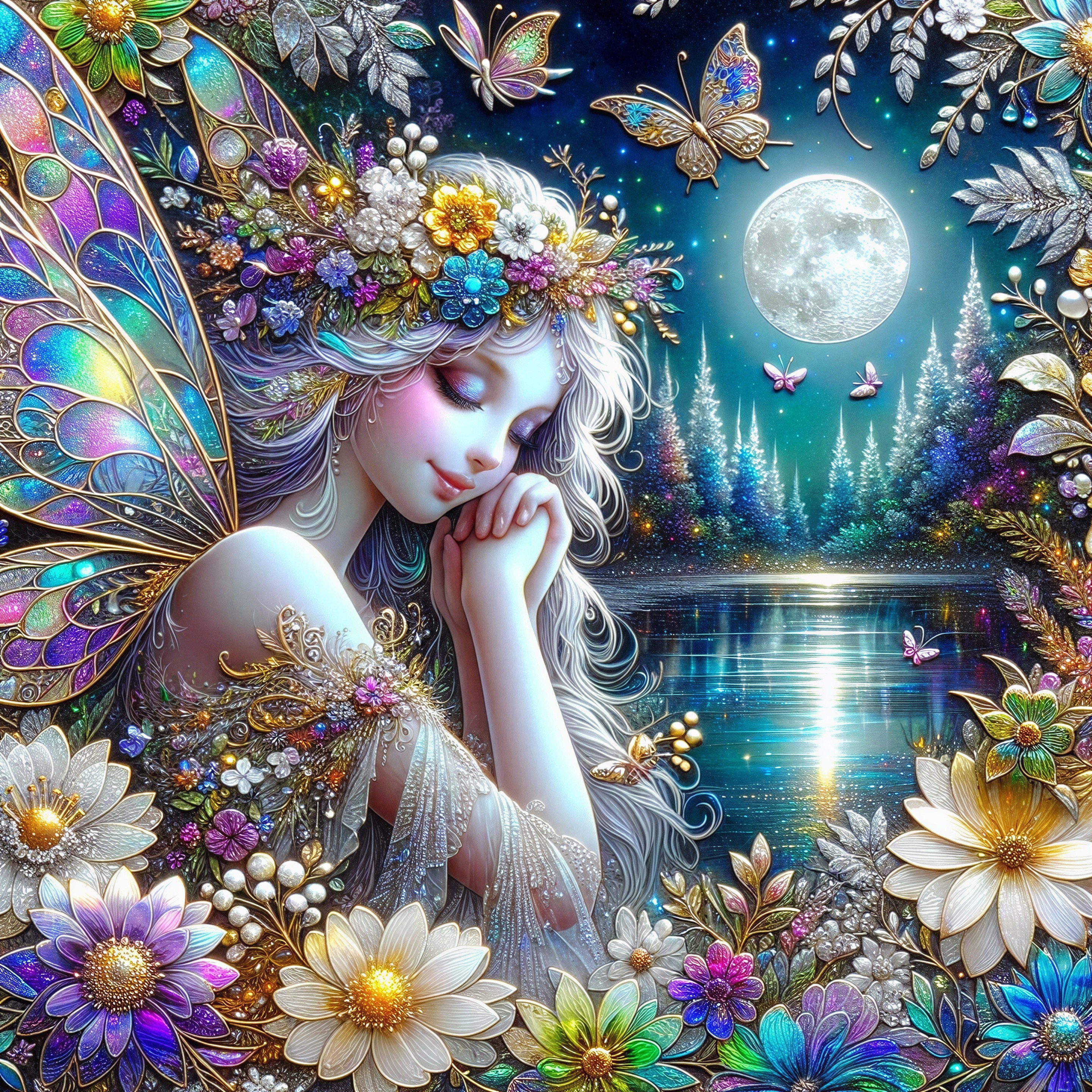 Serene fairy in a magical floral landscape at night