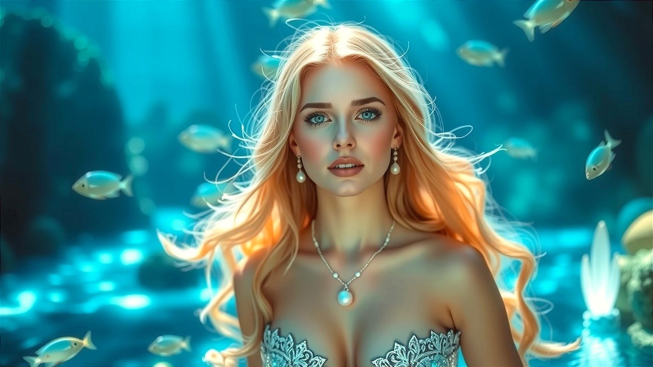 Underwater Scene of a Woman with Blonde Hair and Pearls