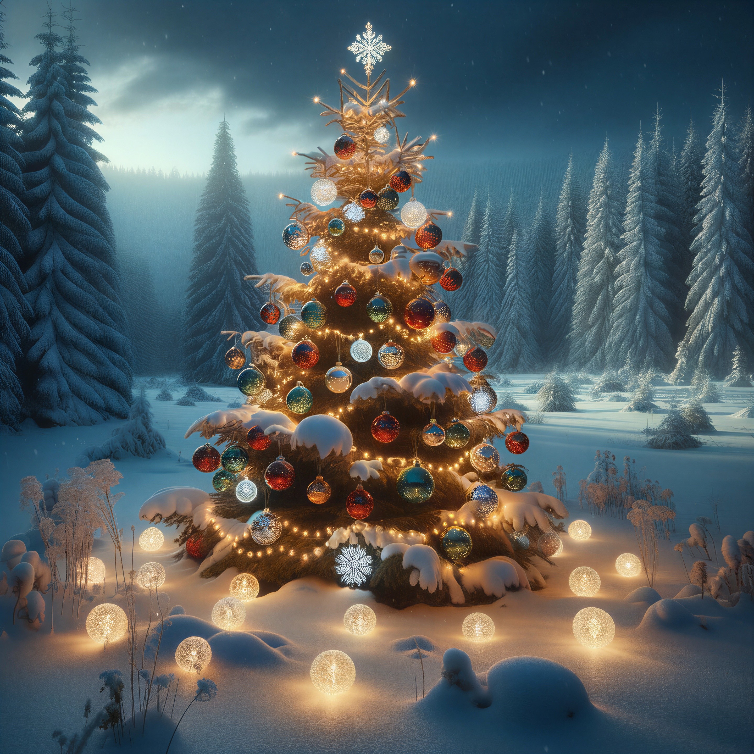 Glowing Christmas tree with colorful ornaments and snow