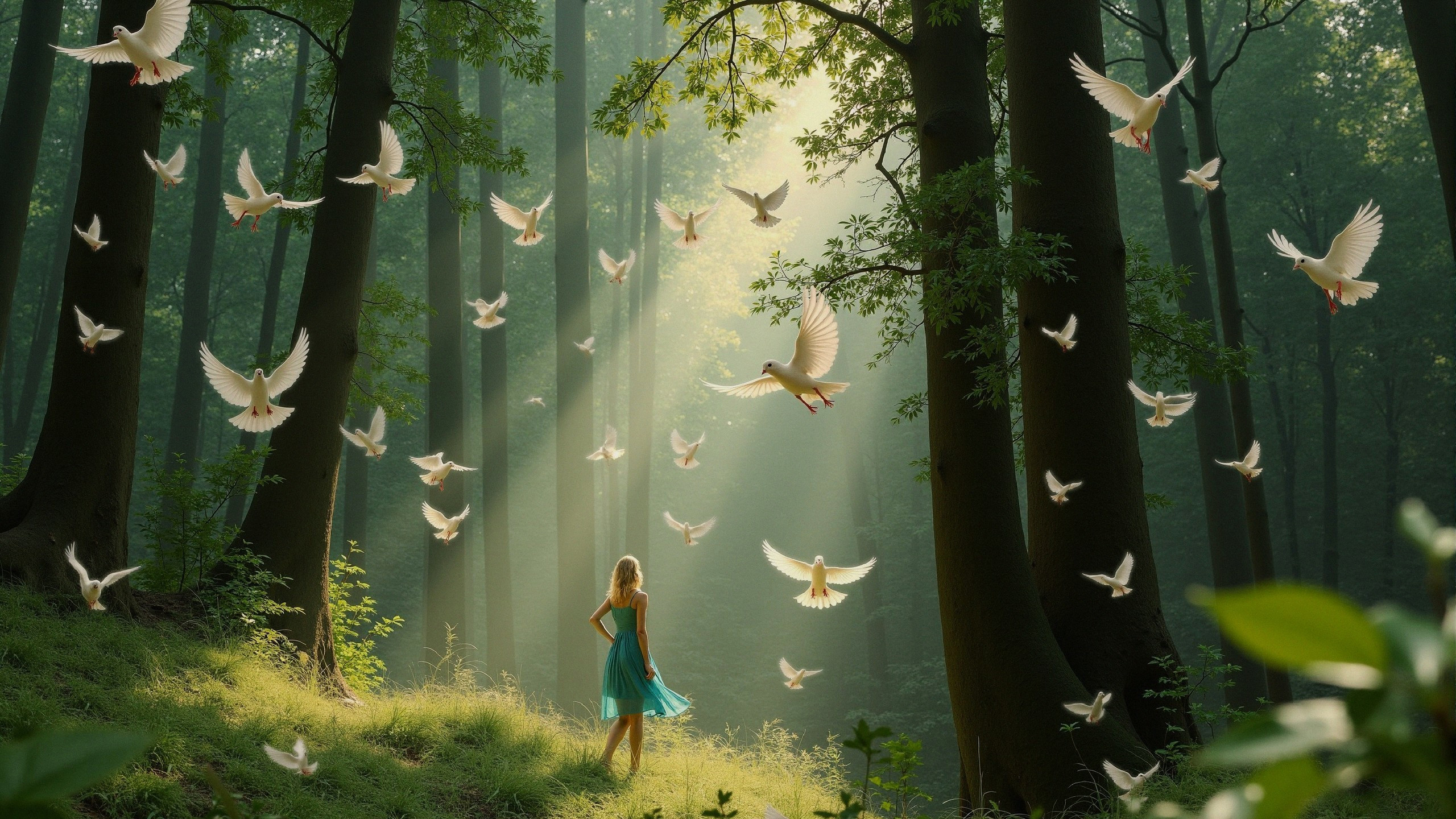 Serene forest scene with a woman and flying doves