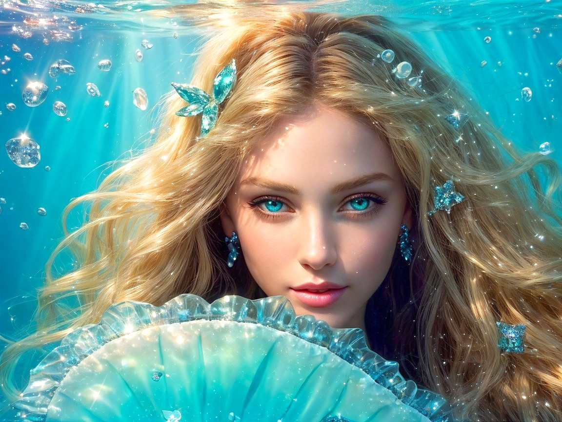 Underwater Scene with Young Woman and Colorful Fabrics