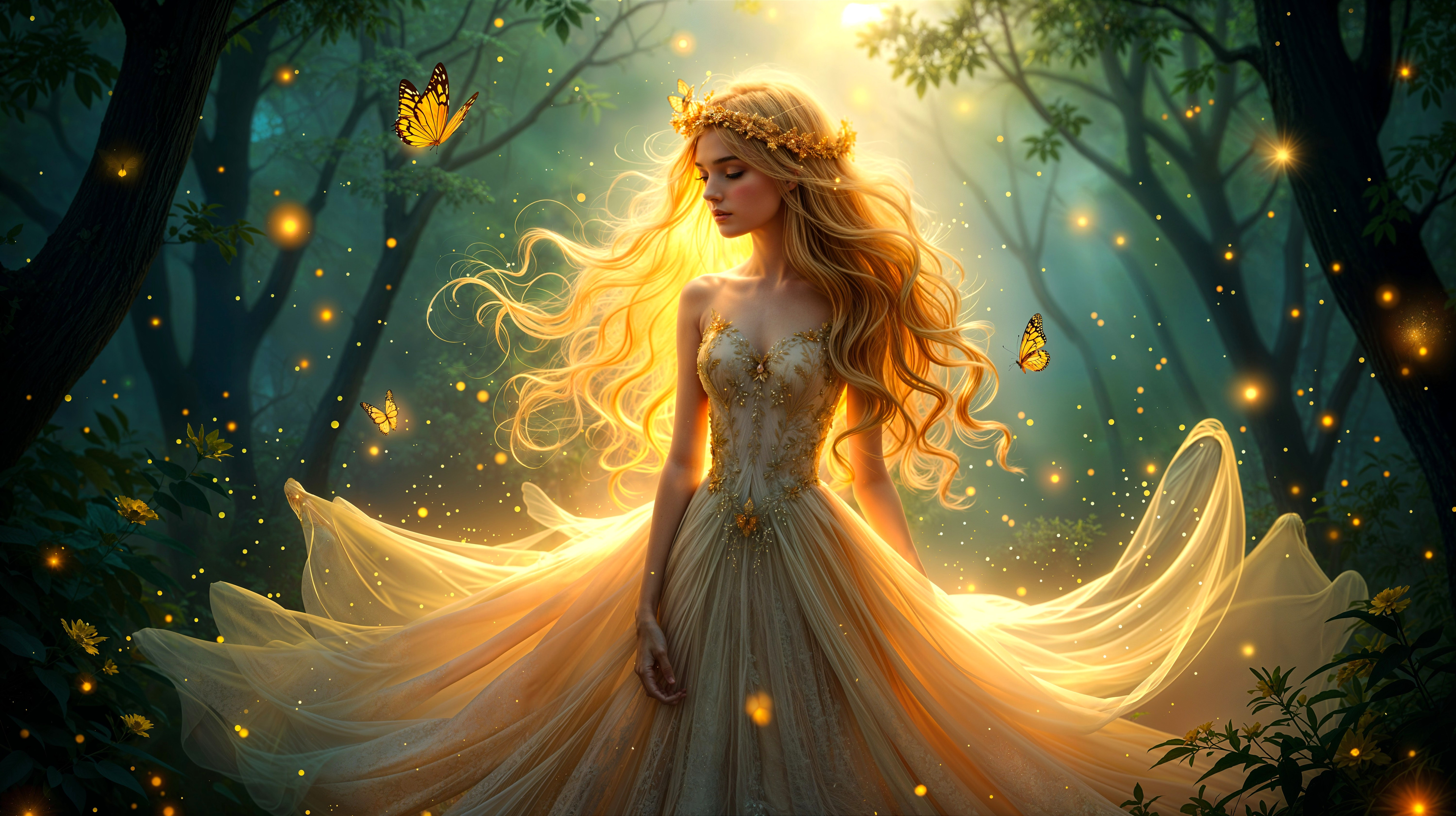 Serene Fairy Tale Scene with Golden Gown and Butterflies