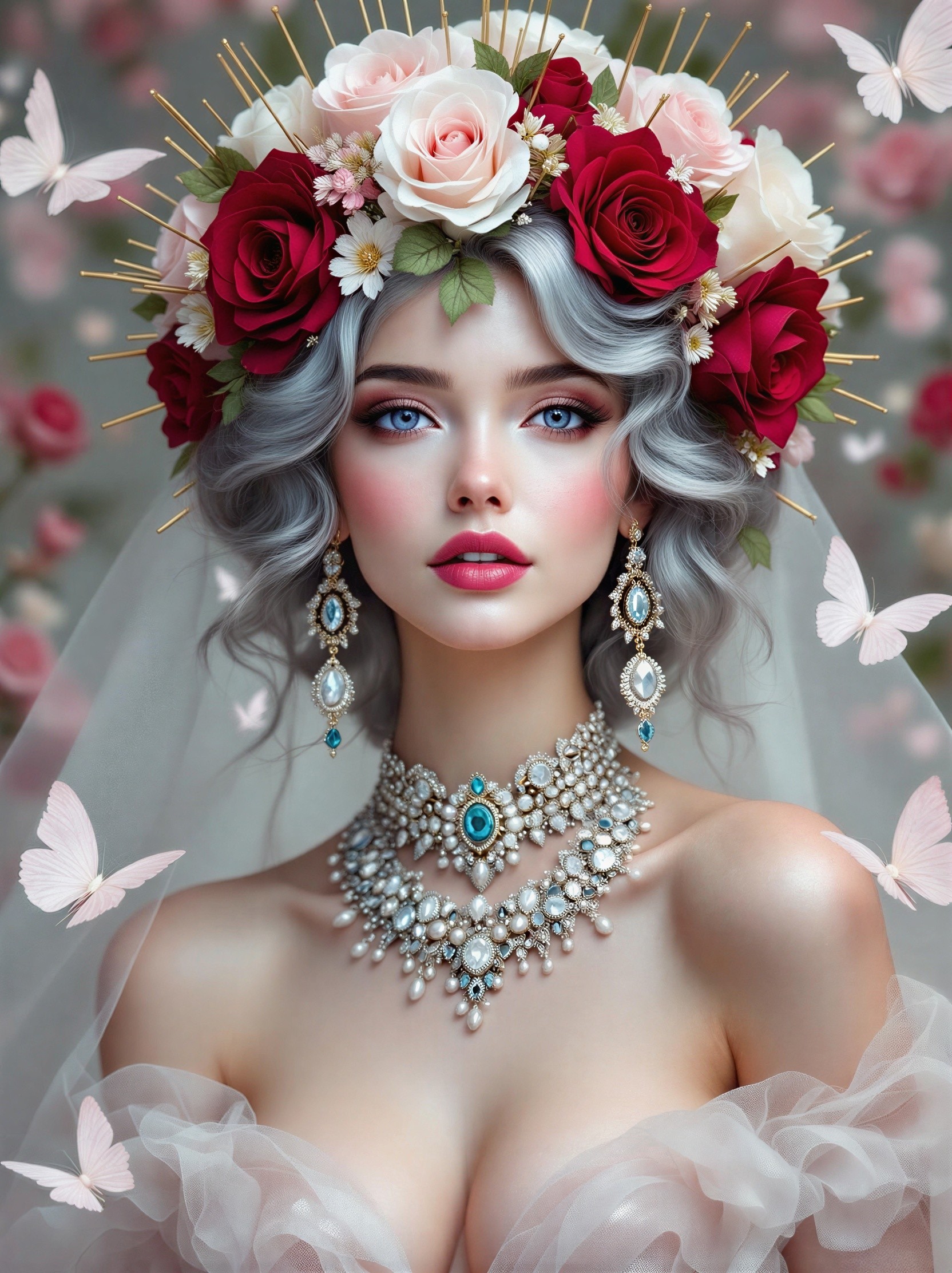 Elegant Woman with Silver Hair and Floral Crown