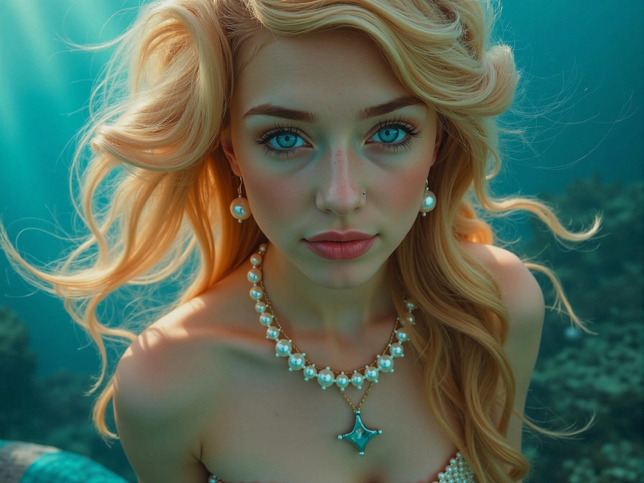 Young Woman Underwater with Elegant Jewelry and Light
