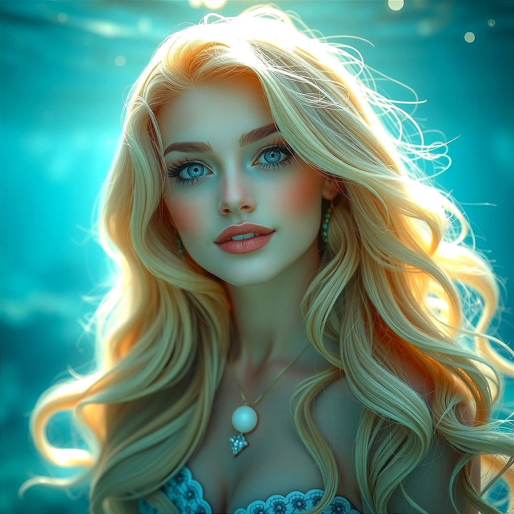 Underwater Scene of a Woman with Blonde Hair and Pearl Necklace
