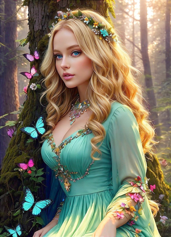 Enchantress in Emerald Gown in Sunlit Forest