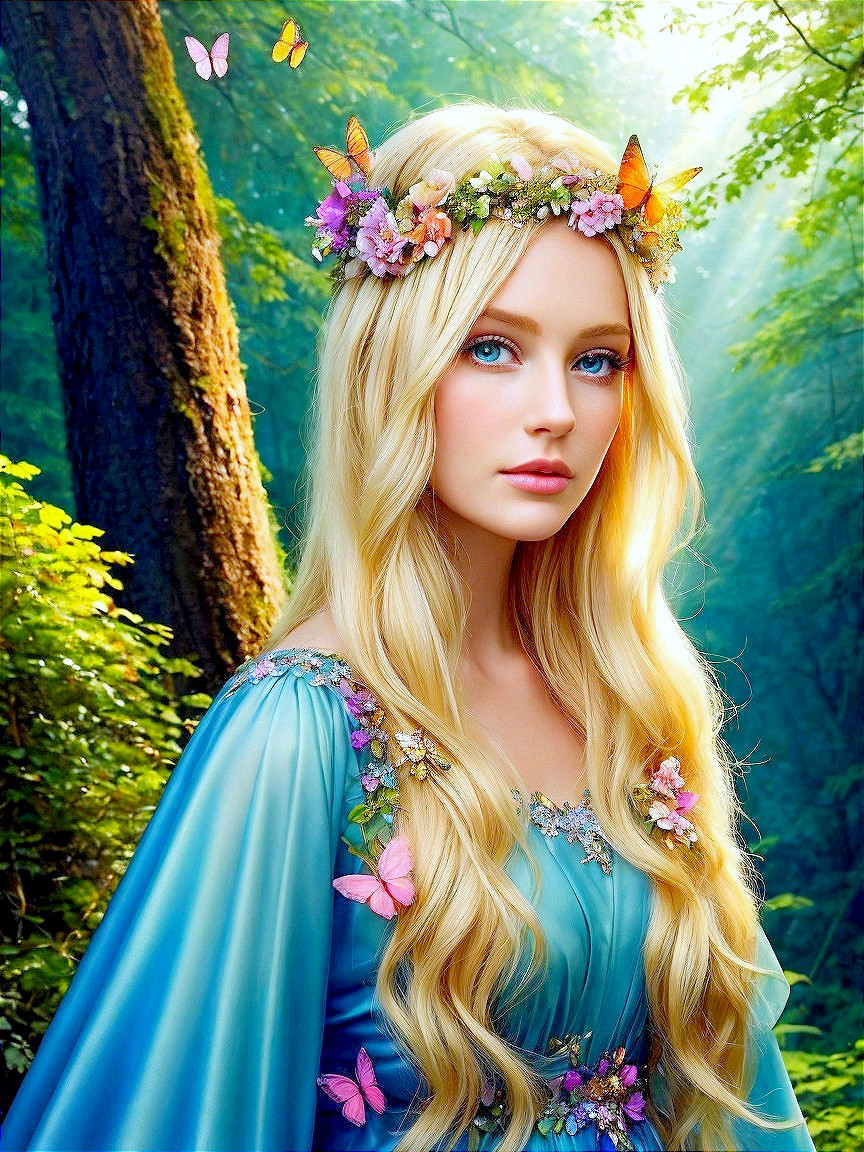 Serene figure in blue gown in sunlit forest setting