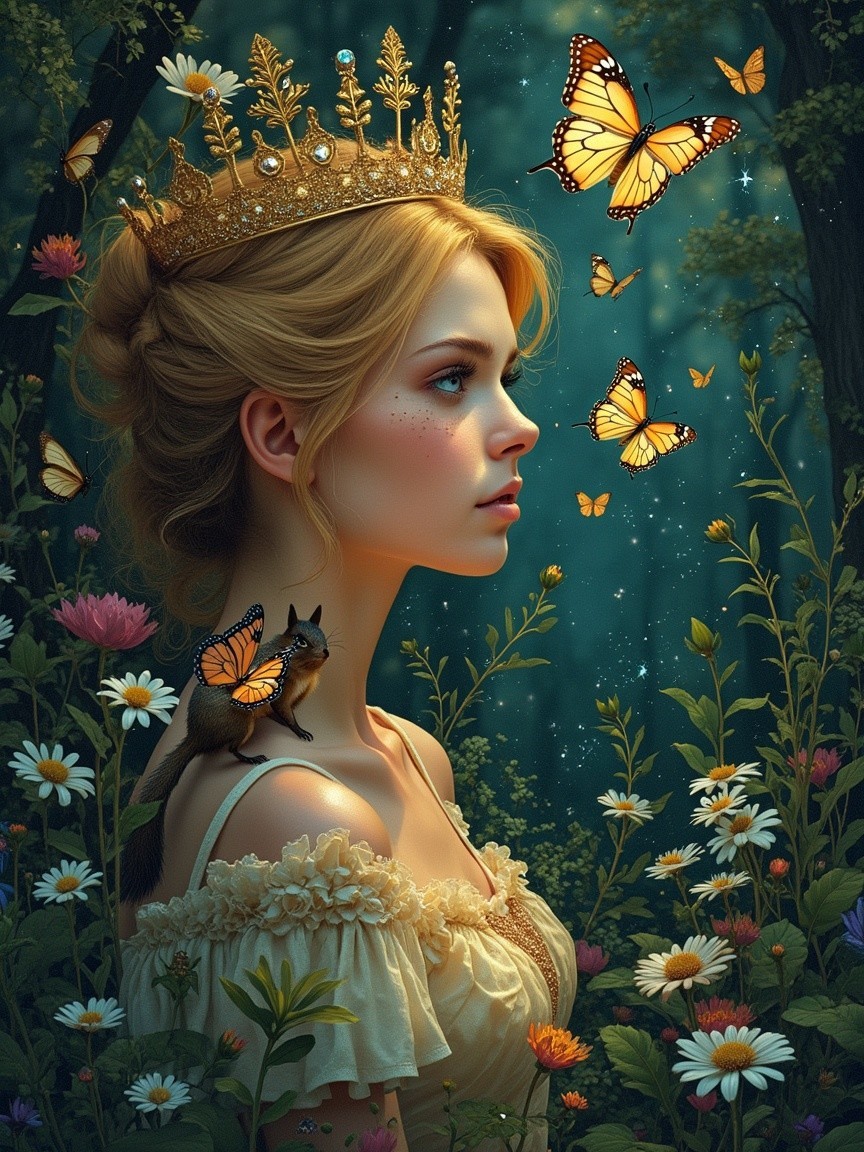 Young woman in a mystical forest with butterflies and light