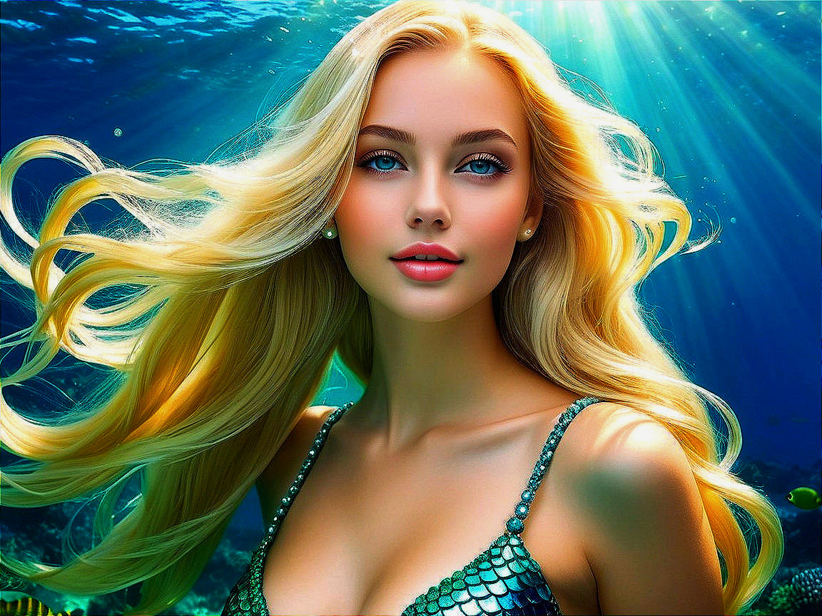 Underwater Scene with Mermaid and Marine Life