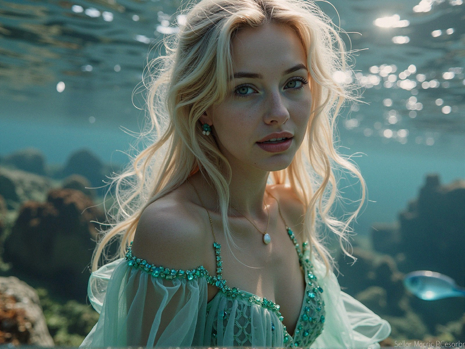 Underwater Scene of a Woman in Green Gown
