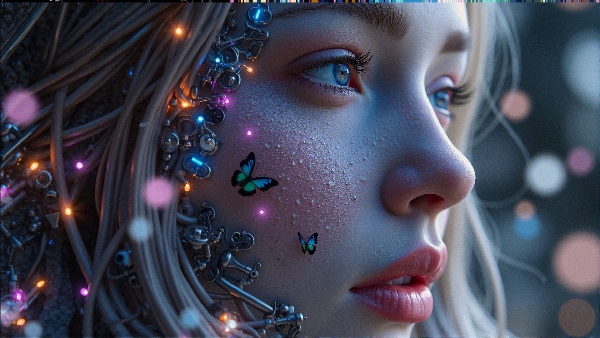 Young woman with blue eyes and butterflies in hair