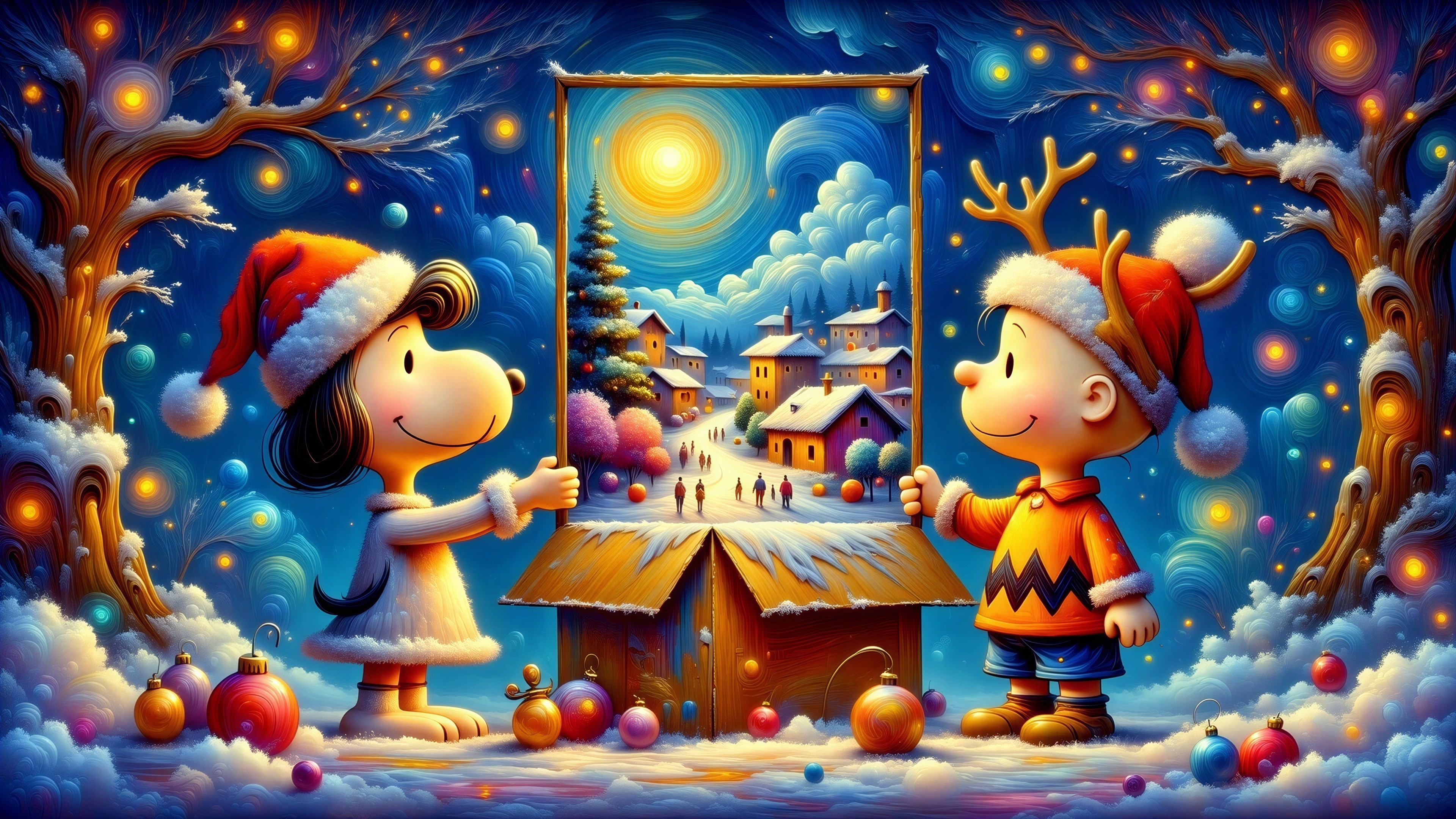 Snoopy and Charlie Brown in Christmas Scene Illustration