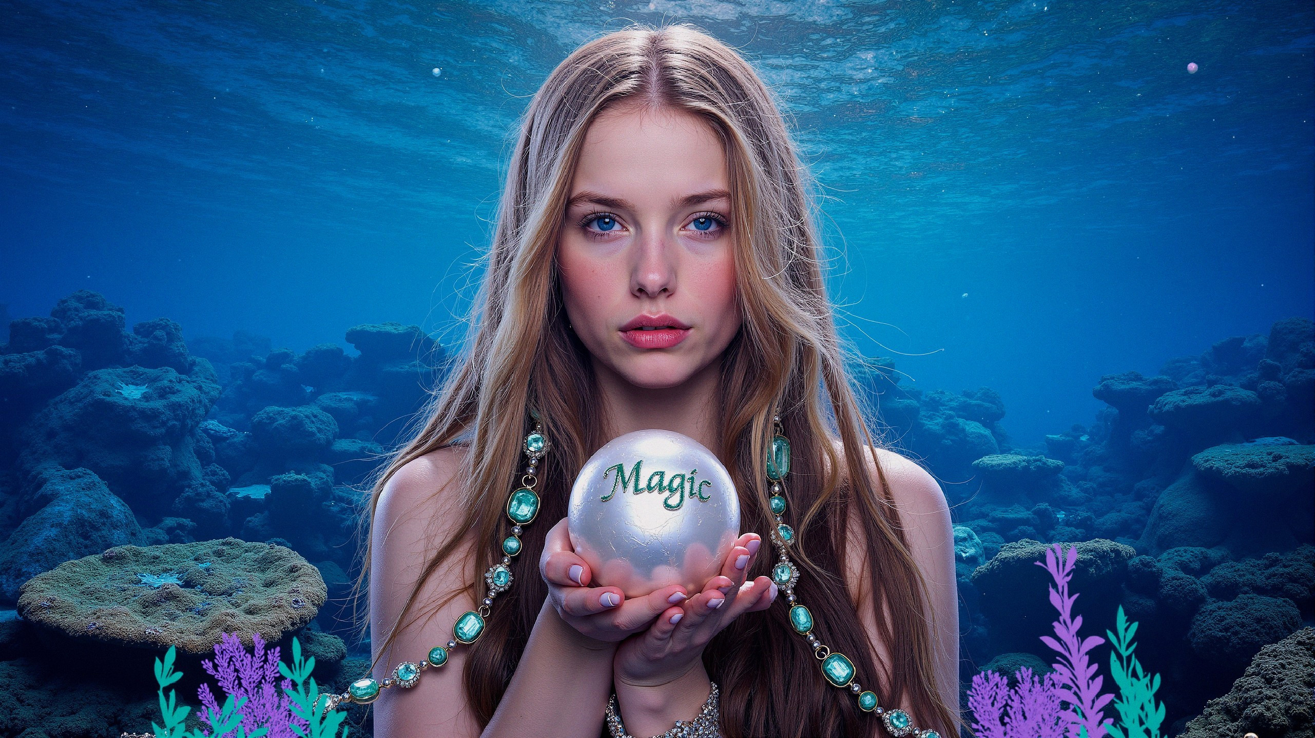 Underwater Scene with Woman and Crystal Ball