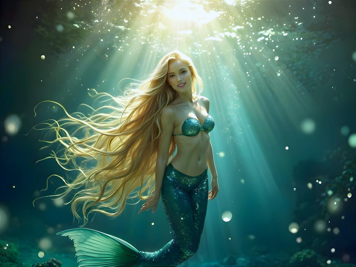 Underwater Scene of a Mermaid with Green Tail