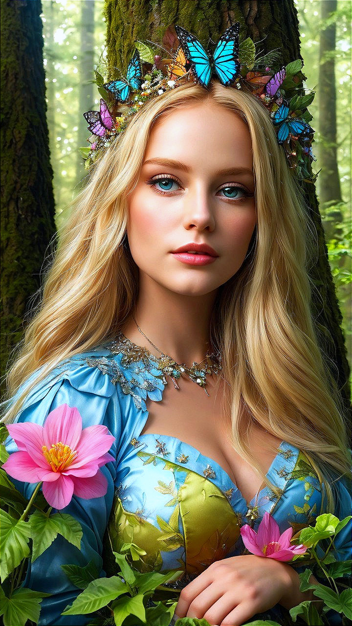 Young Woman in Ethereal Gown Surrounded by Nature