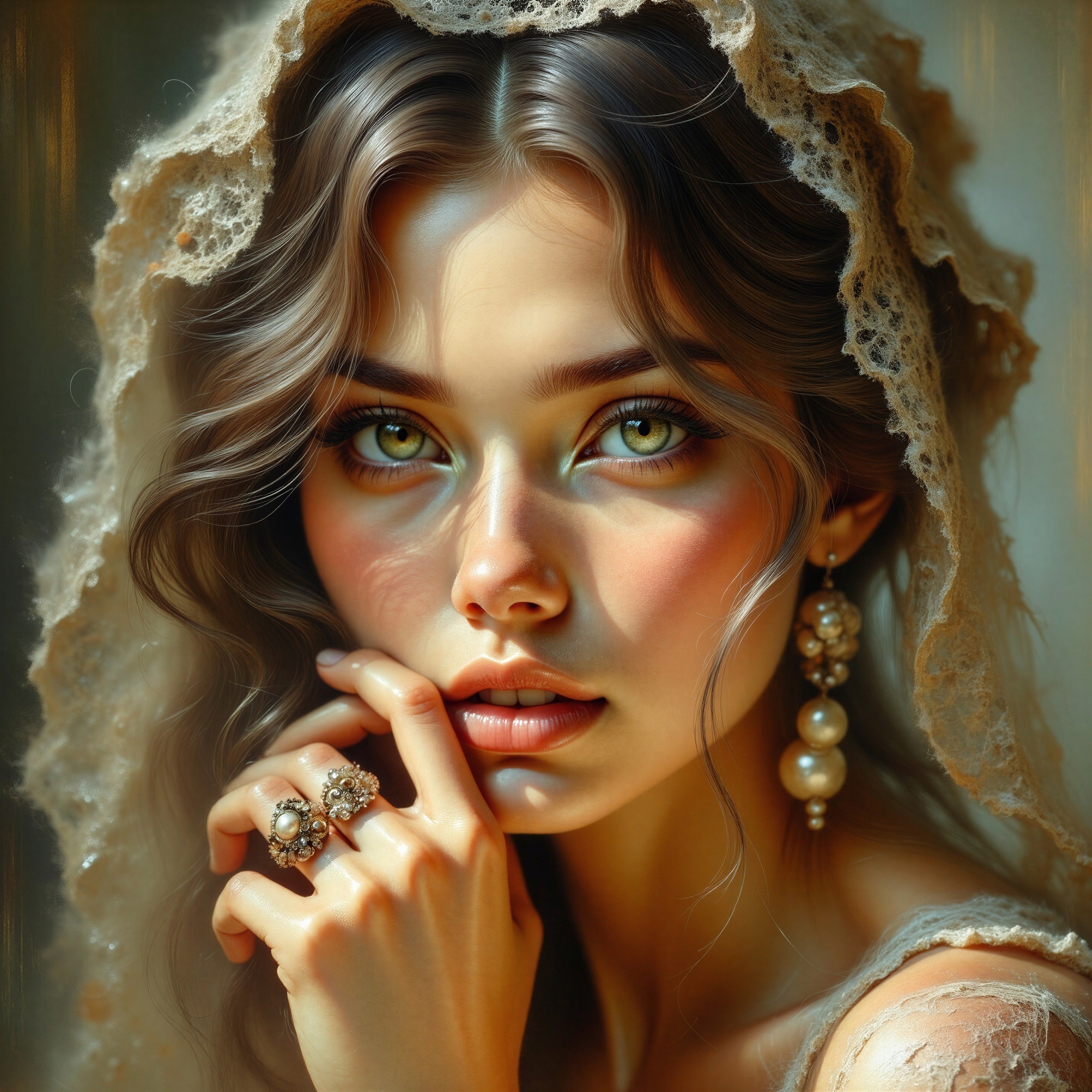 Portrait of a Young Woman with Lace Veil and Jewelry