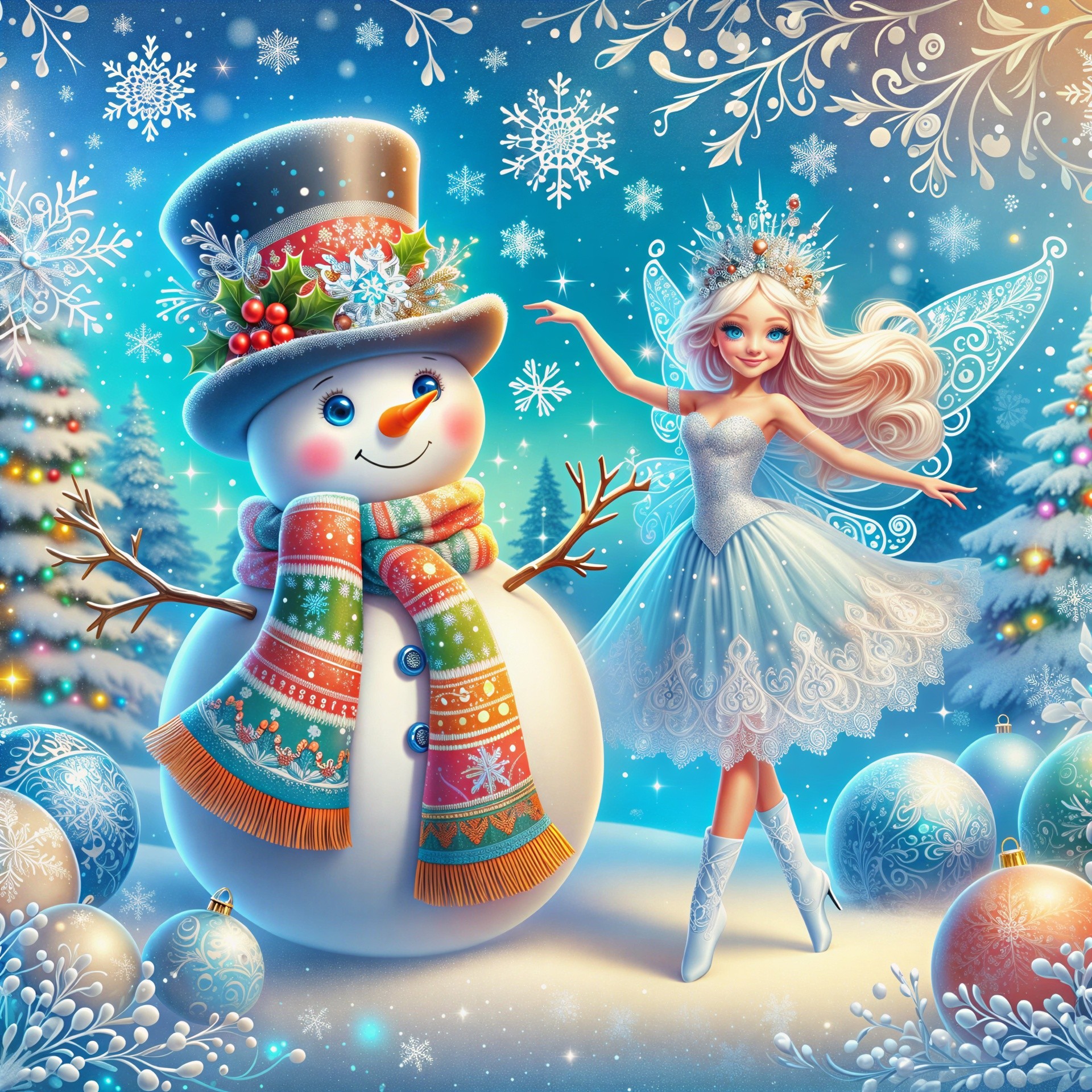 Whimsical Winter Scene with Snowman and Fairy