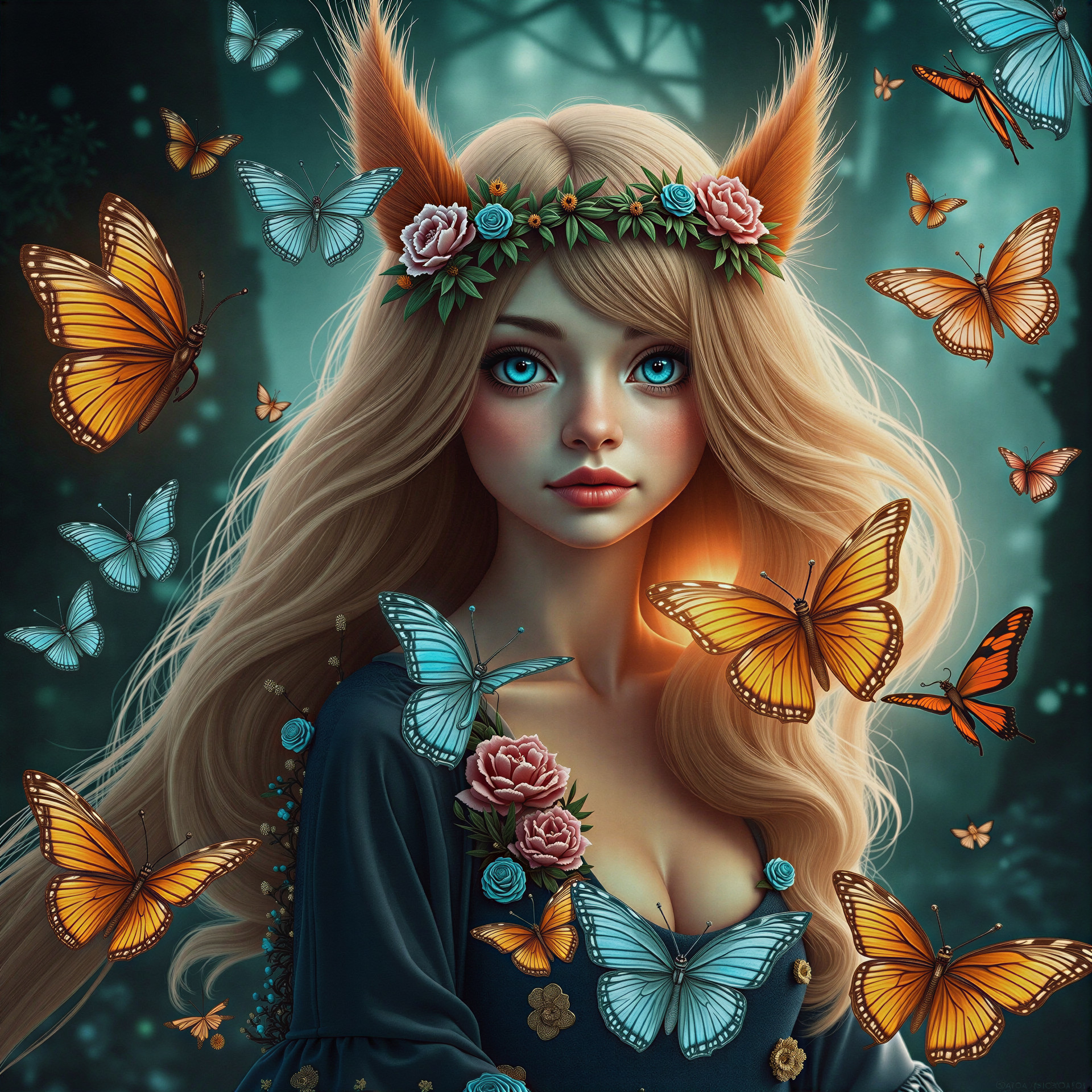Mystical Girl in Floral Crown Surrounded by Butterflies