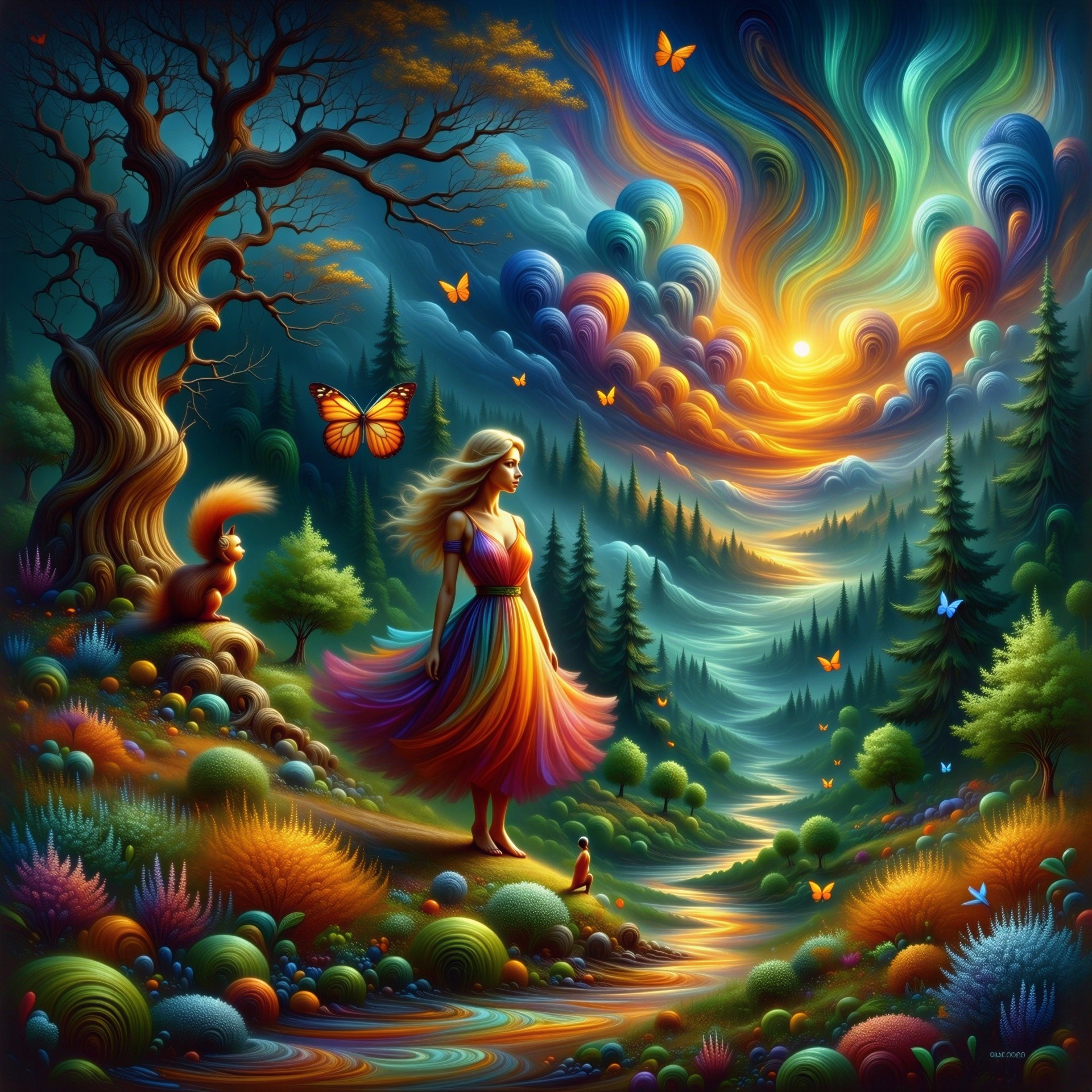 Whimsical Landscape with Sunset and Colorful Flora