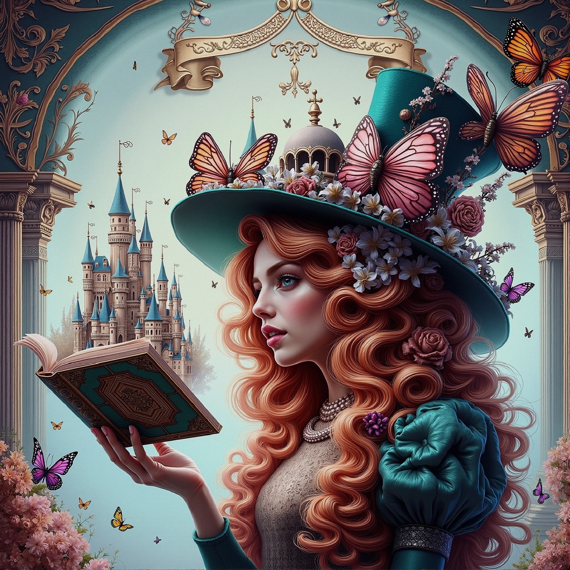 Whimsical Scene of Woman in Teal Hat and Fairytale Castle