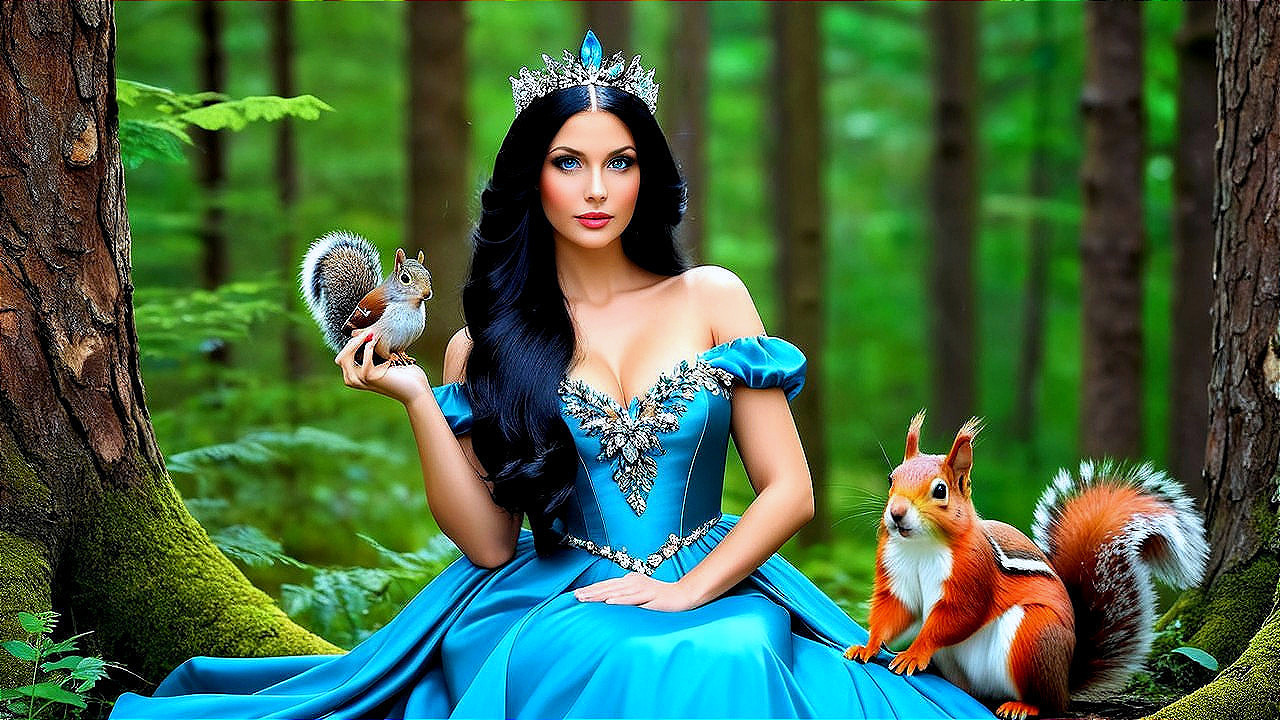 Woman in blue gown with squirrels in lush forest