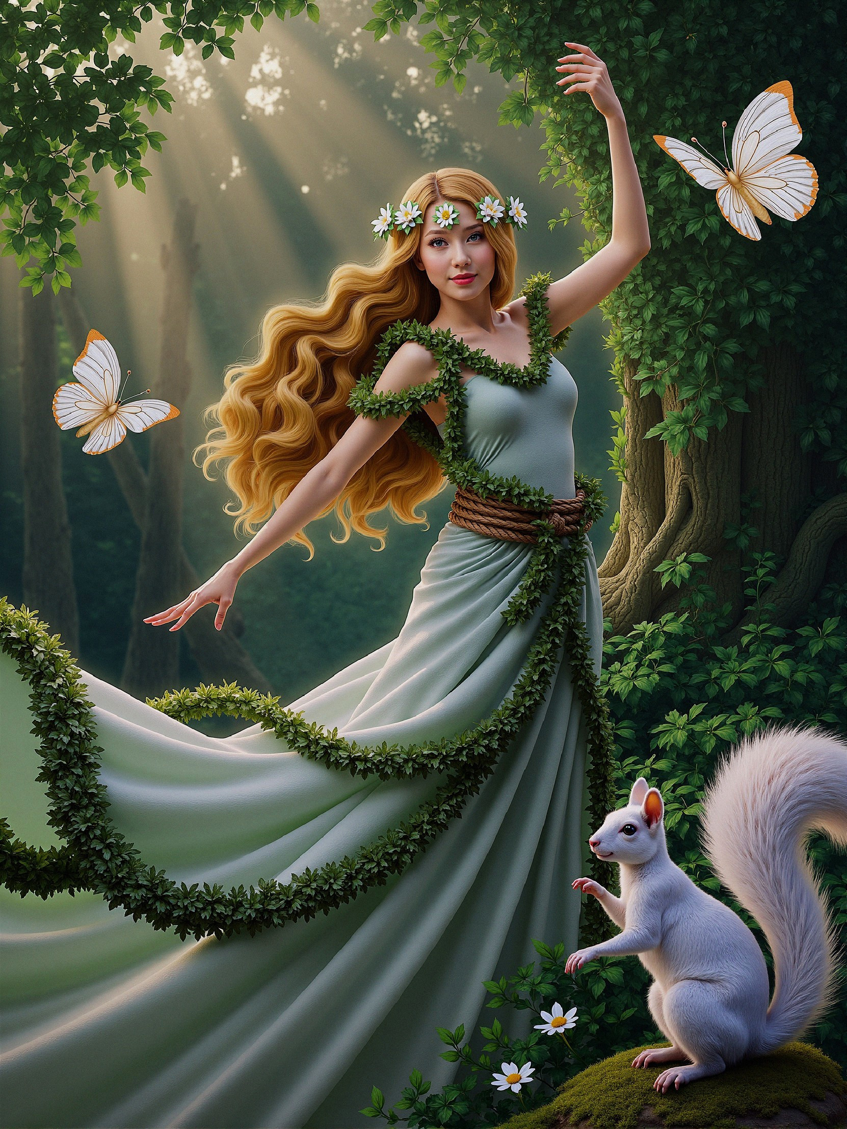 Graceful figure in green gown in sunlit forest