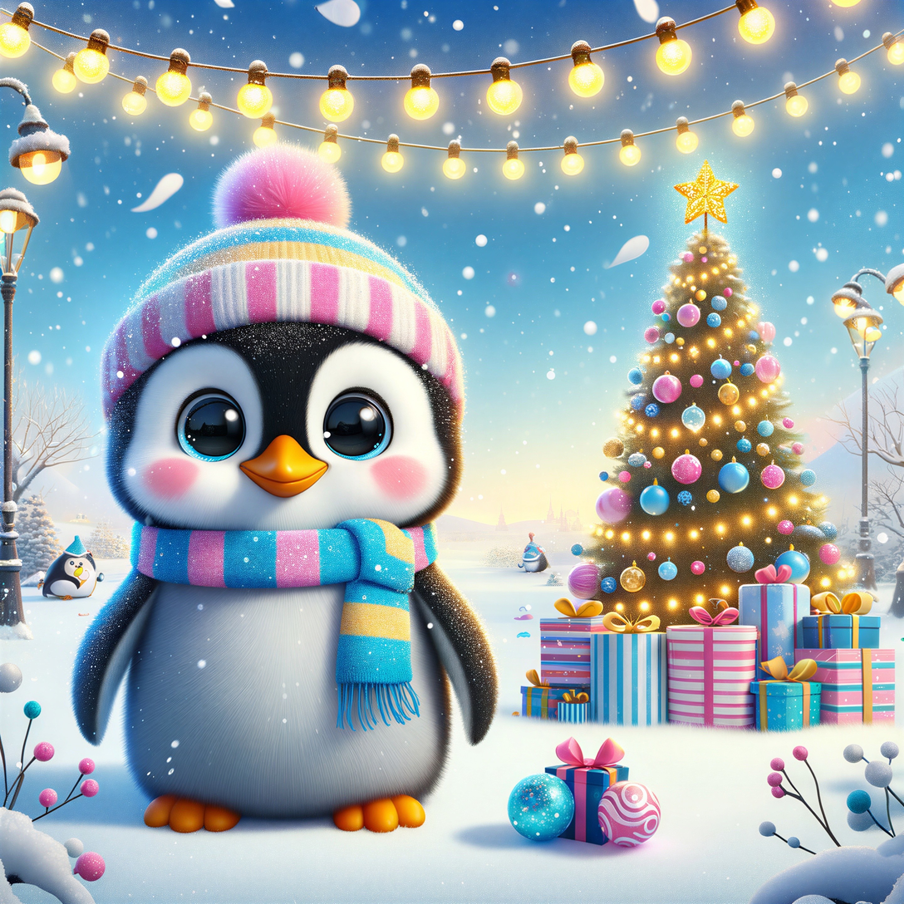 3D Cartoon Baby Penguin in Winter Wonderland Scene